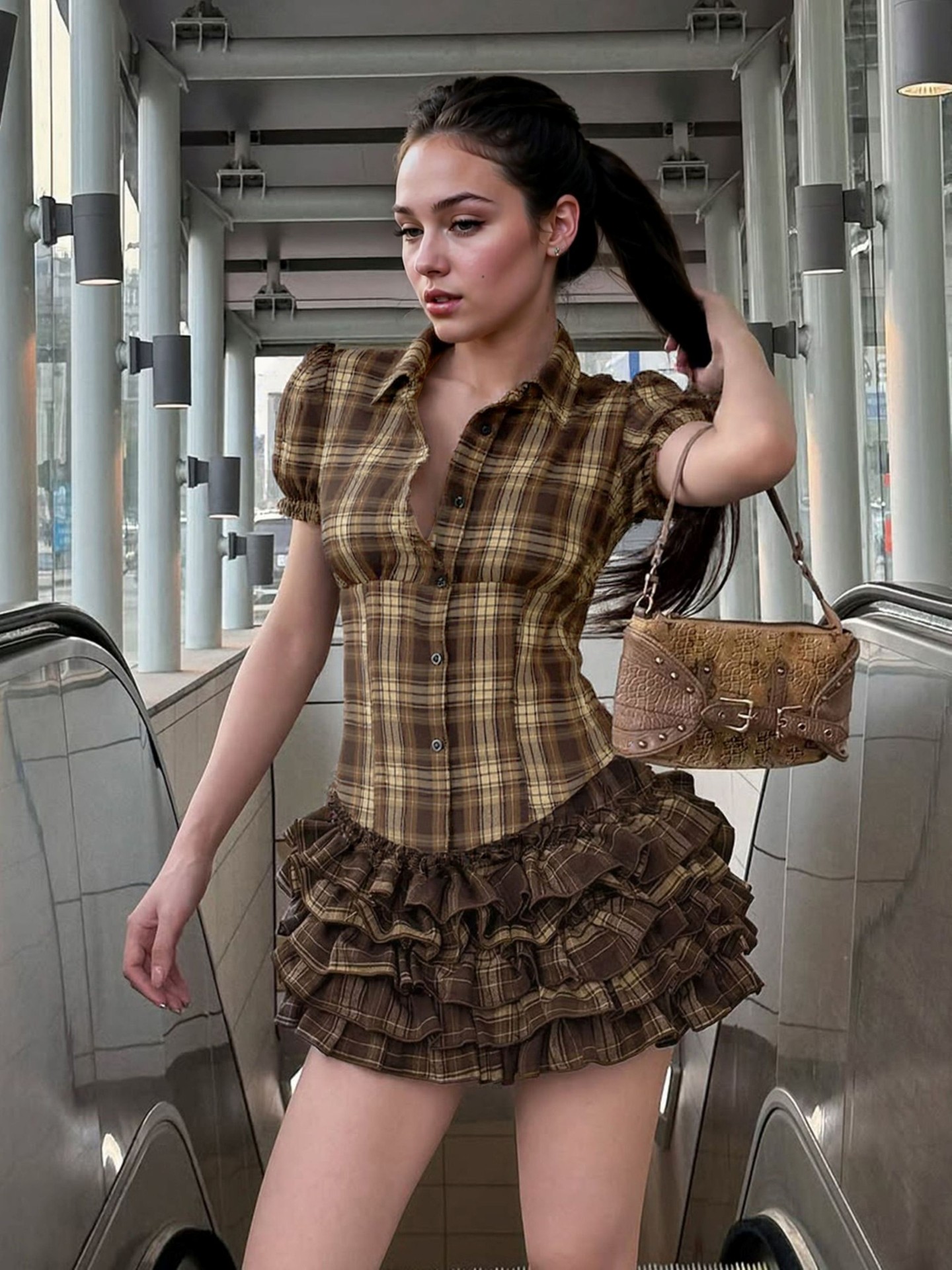 Vintage Brown Check Puff Sleeve Blouse