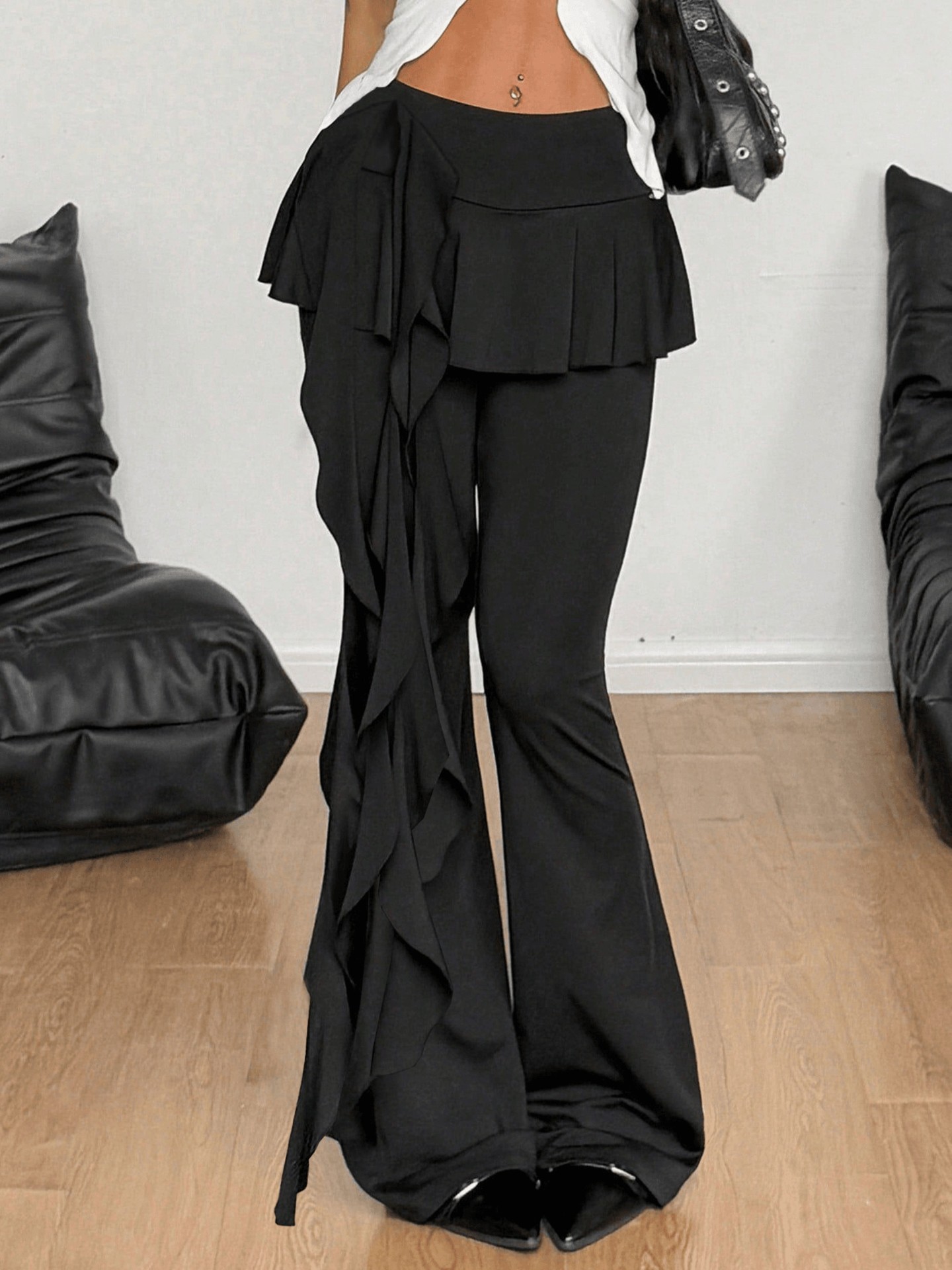 [Moderately Stretchable] High Waist Black Asymmetric Flare Leg Pants