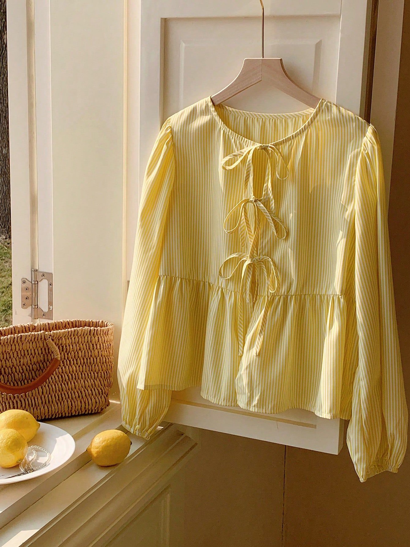 Puff Sleeve Yellow Striped Tie-Up Blouse