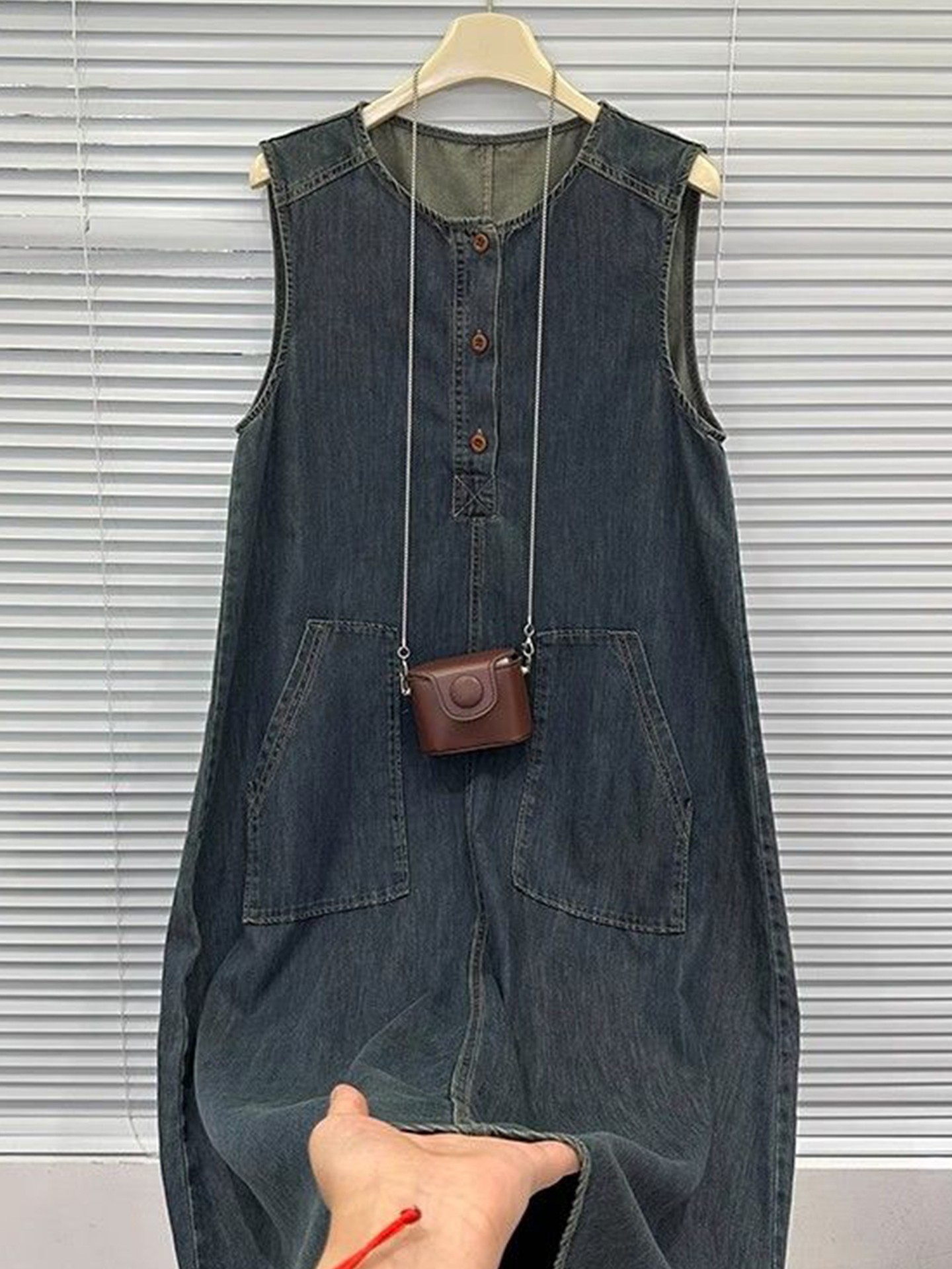 Summer Sleeveless Vintage Dark Wash Button Denim A-Line Dress