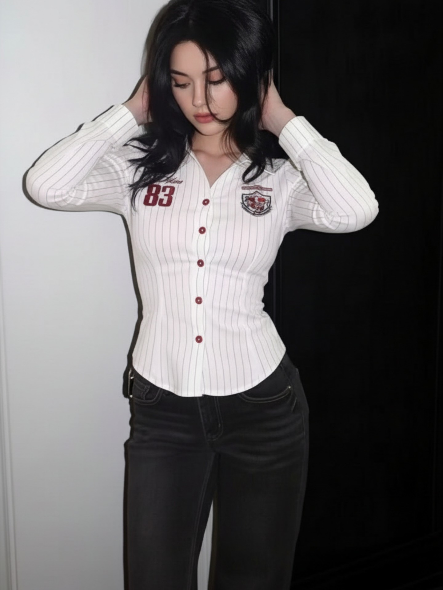 Y2K Style Striped Fitted Blouse with Badge & Number Print