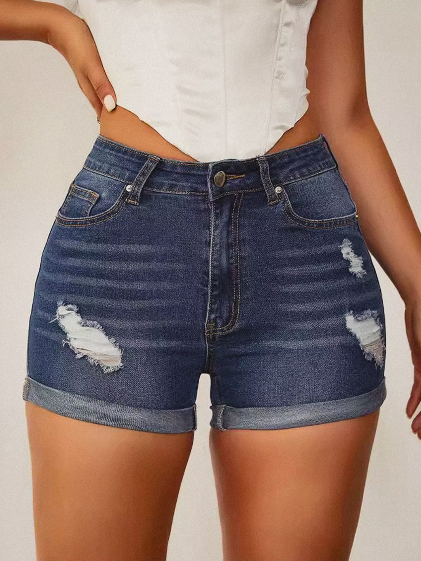 Ripped Denim Straight Leg Shorts