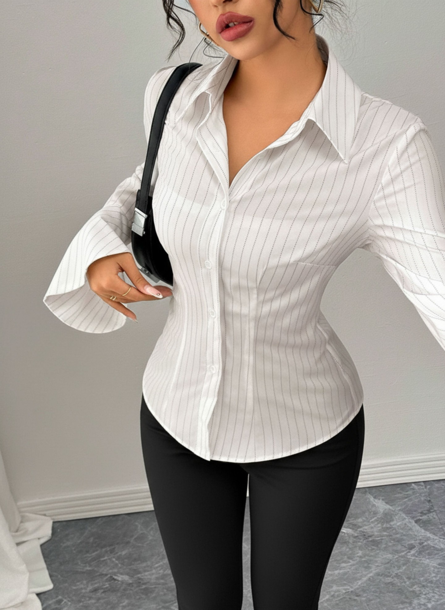 Chic Pinstripe Slim-Fit Blouse with Flared Bell Sleeves