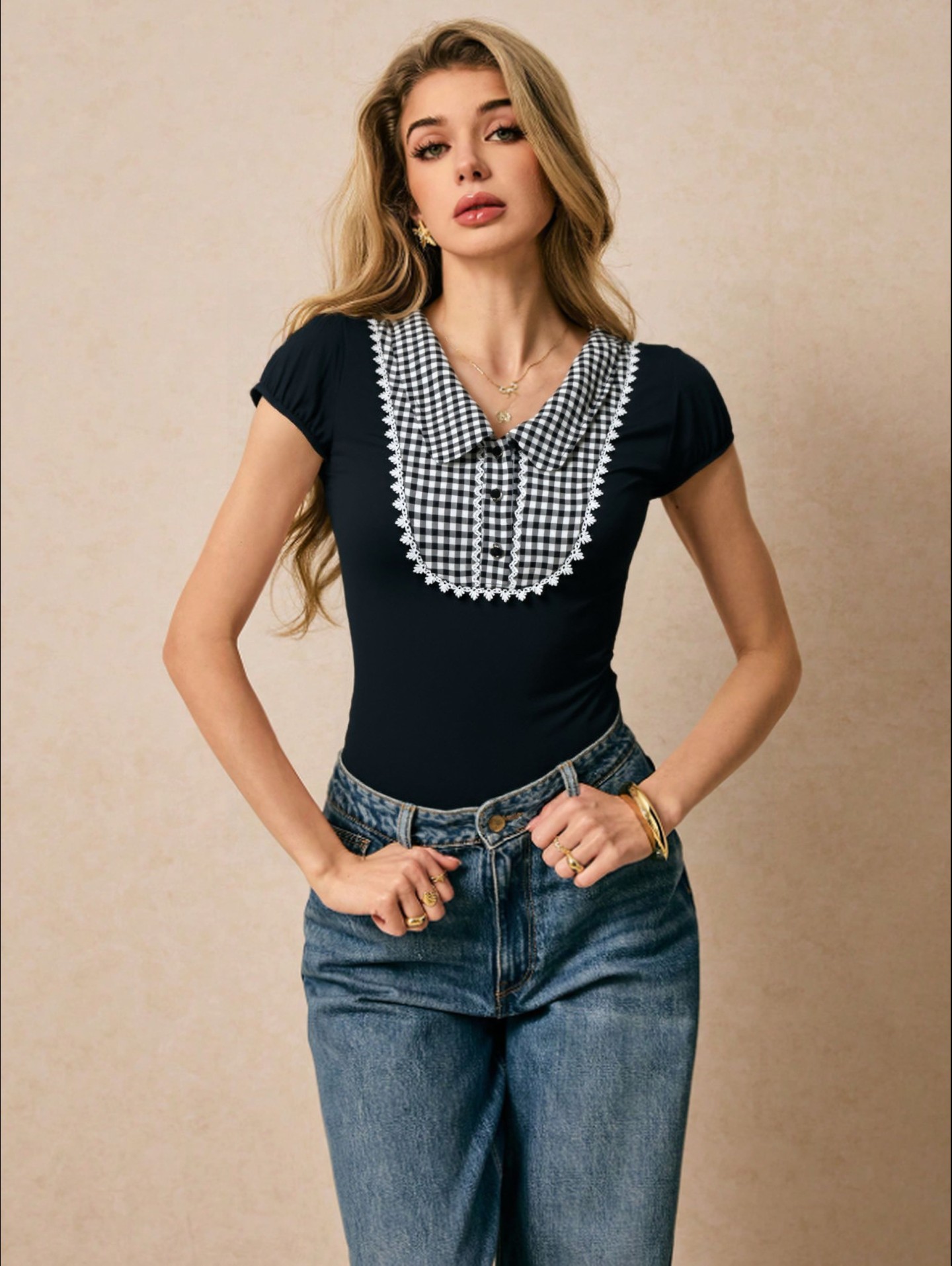 Chic Plaid Patchwork Collar Short Sleeve Fitted blouse