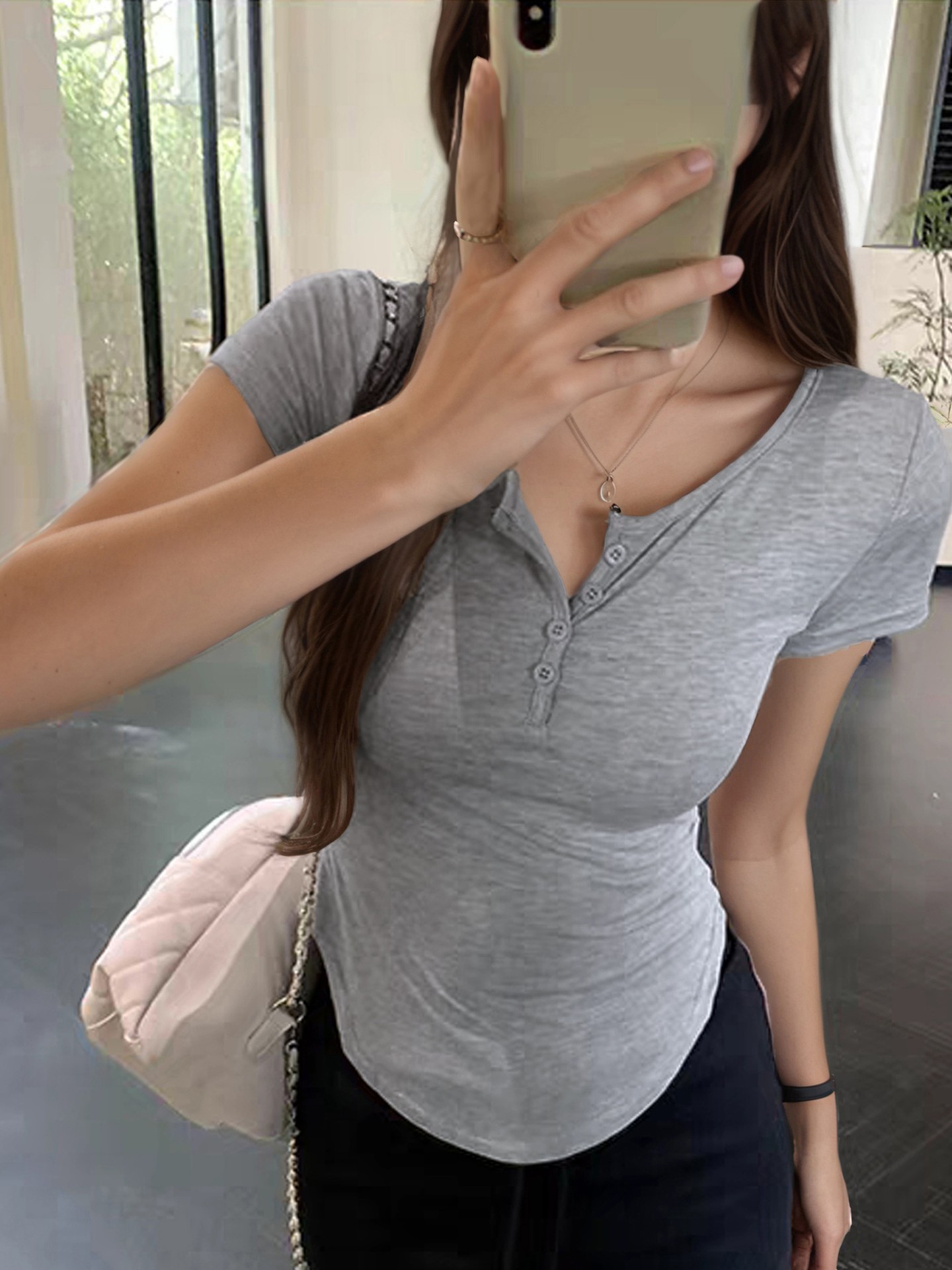 Slim Fit Henley Neck Short Sleeve Top