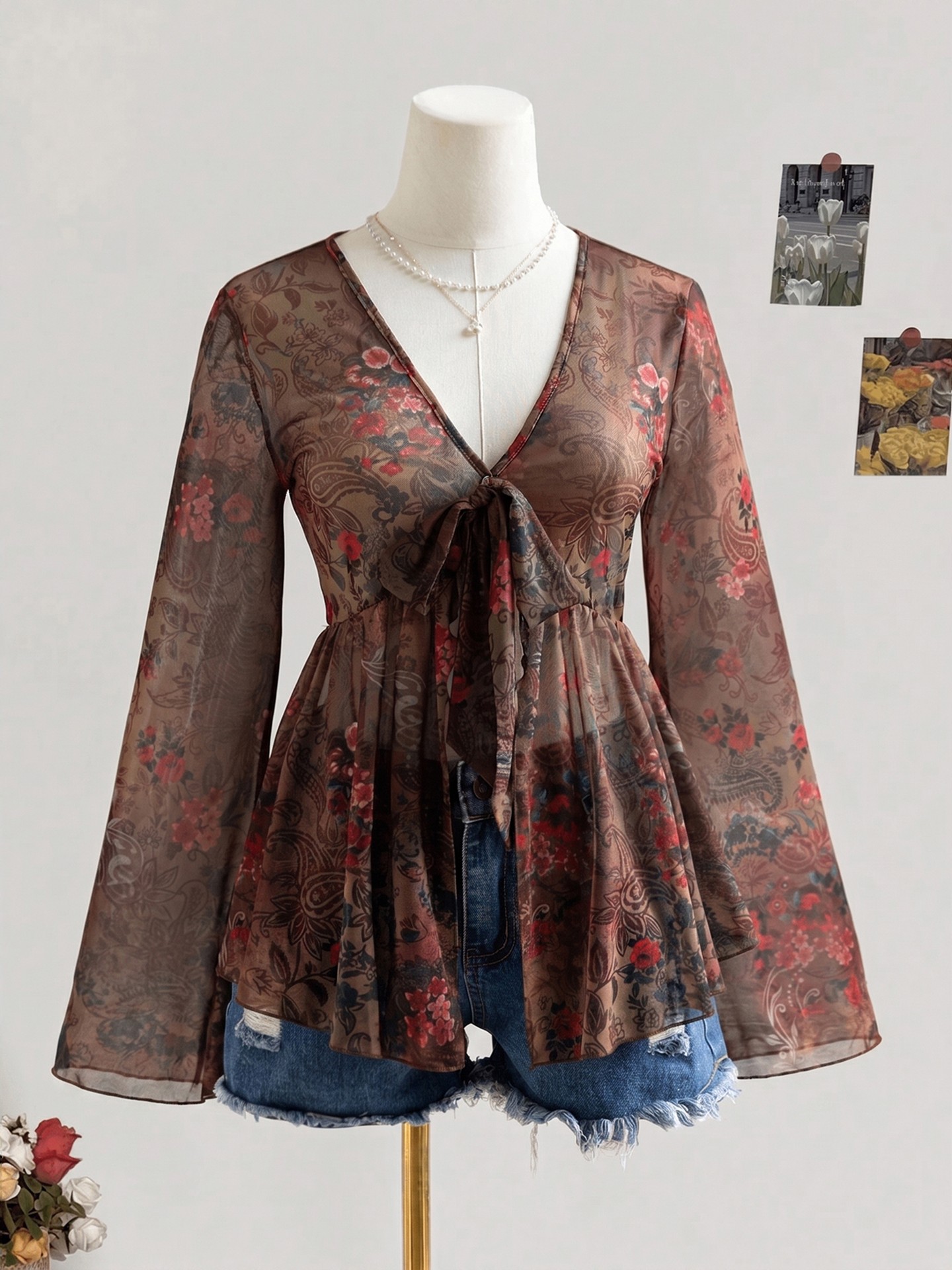 Mesh Tie Front Flared Sleeve Top