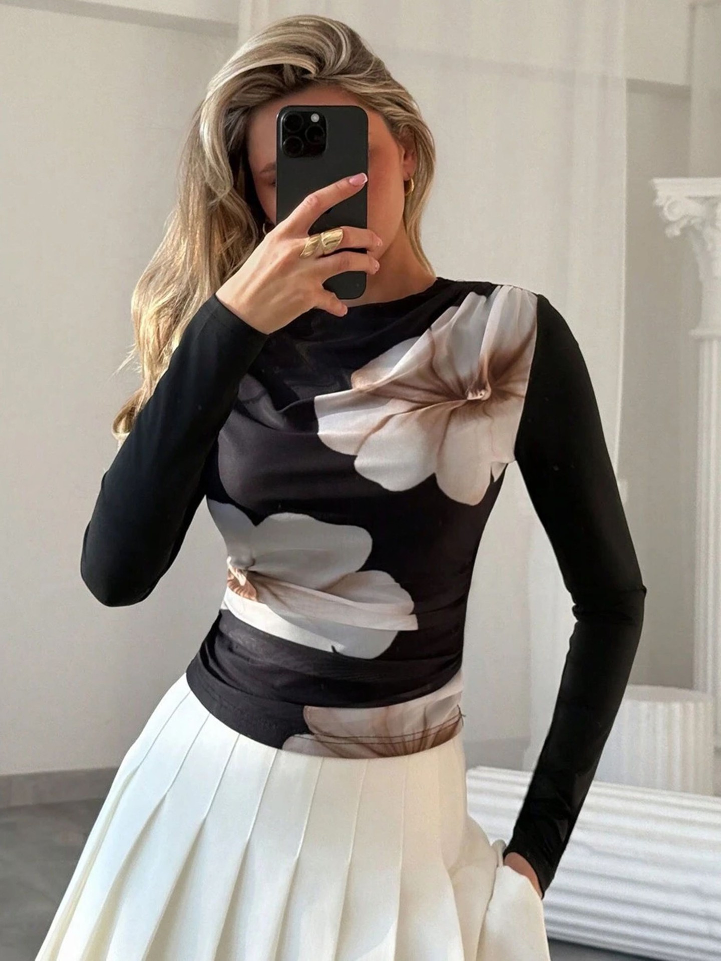 Long Sleeve Floral Print Fitted Top