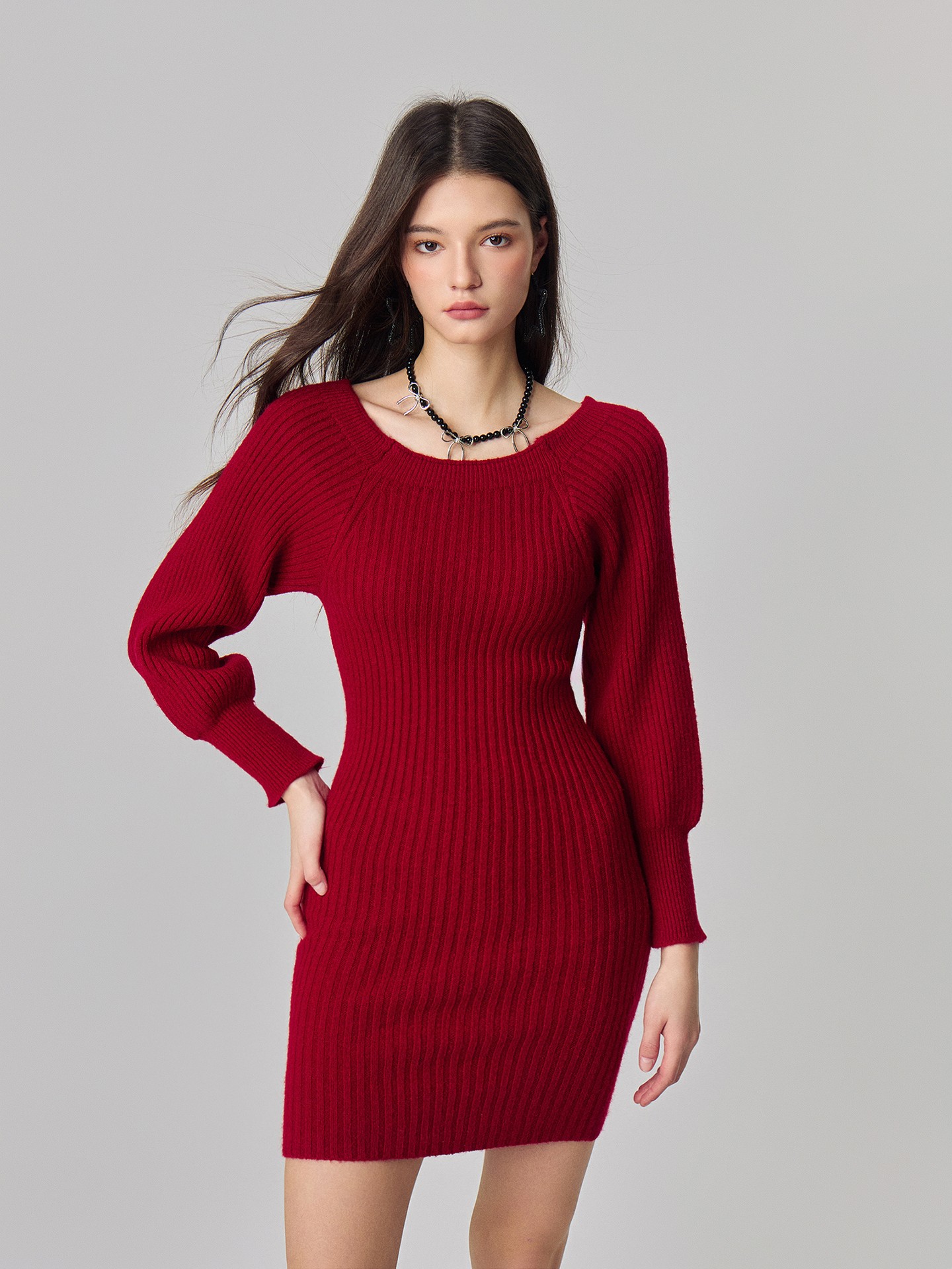 Rib-Knit Lantern Sleeve Bodycon Mini Dress