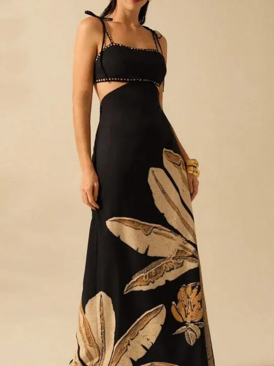 long dress flower The Strappy Maxi in Yellow Floral Vintage 90s Black and Dress's Color:55#-Orange CaeliNYC dresses