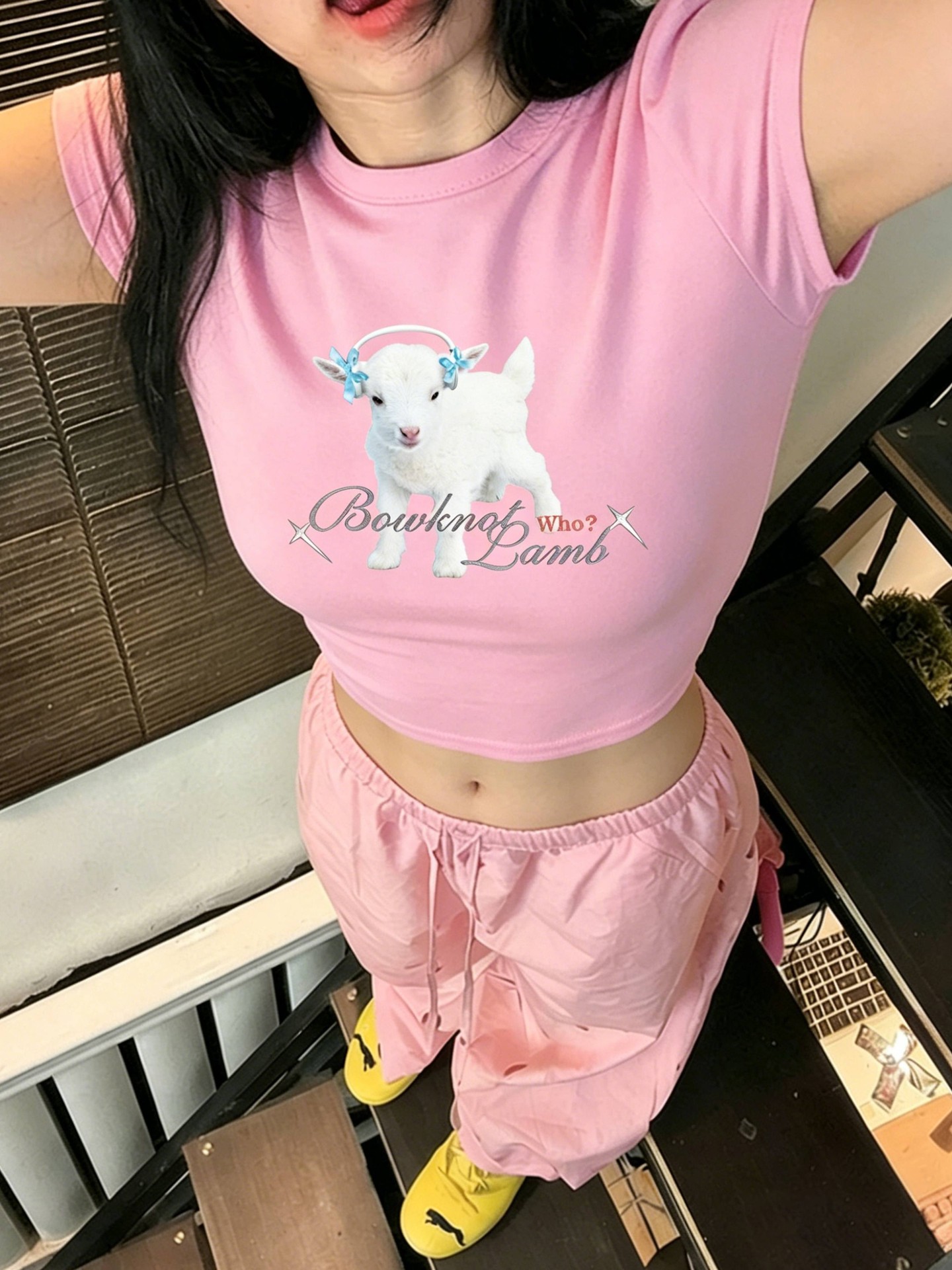 Soft-Girl Lamb Graphic Crop Pullover T-Shirt