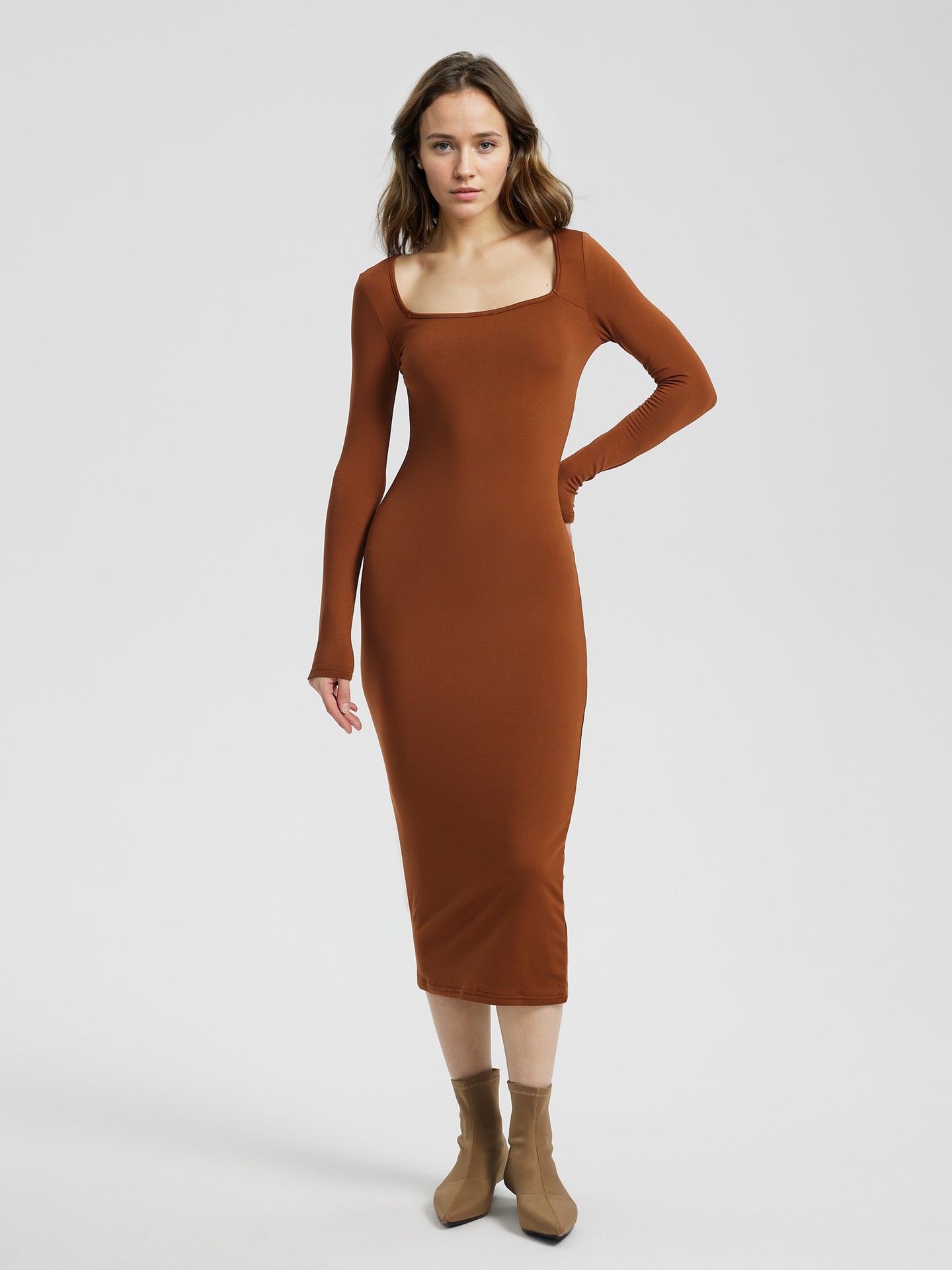 Square-Neck Long Sleeve Bodycon Midi Dress