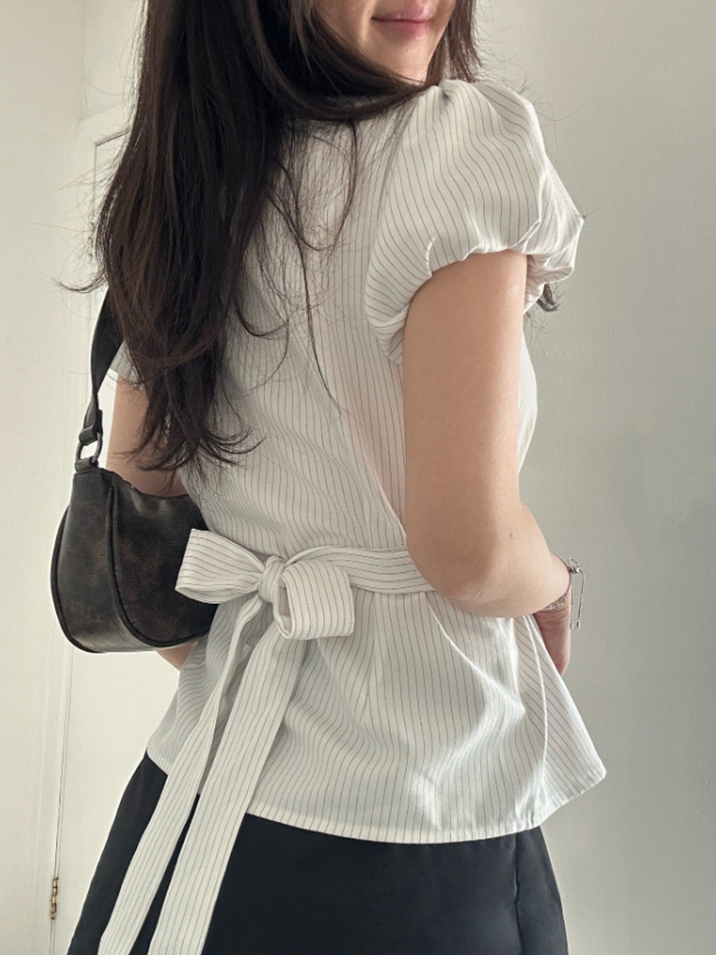 Chic Puff Sleeves Waist tie Striped Blouse