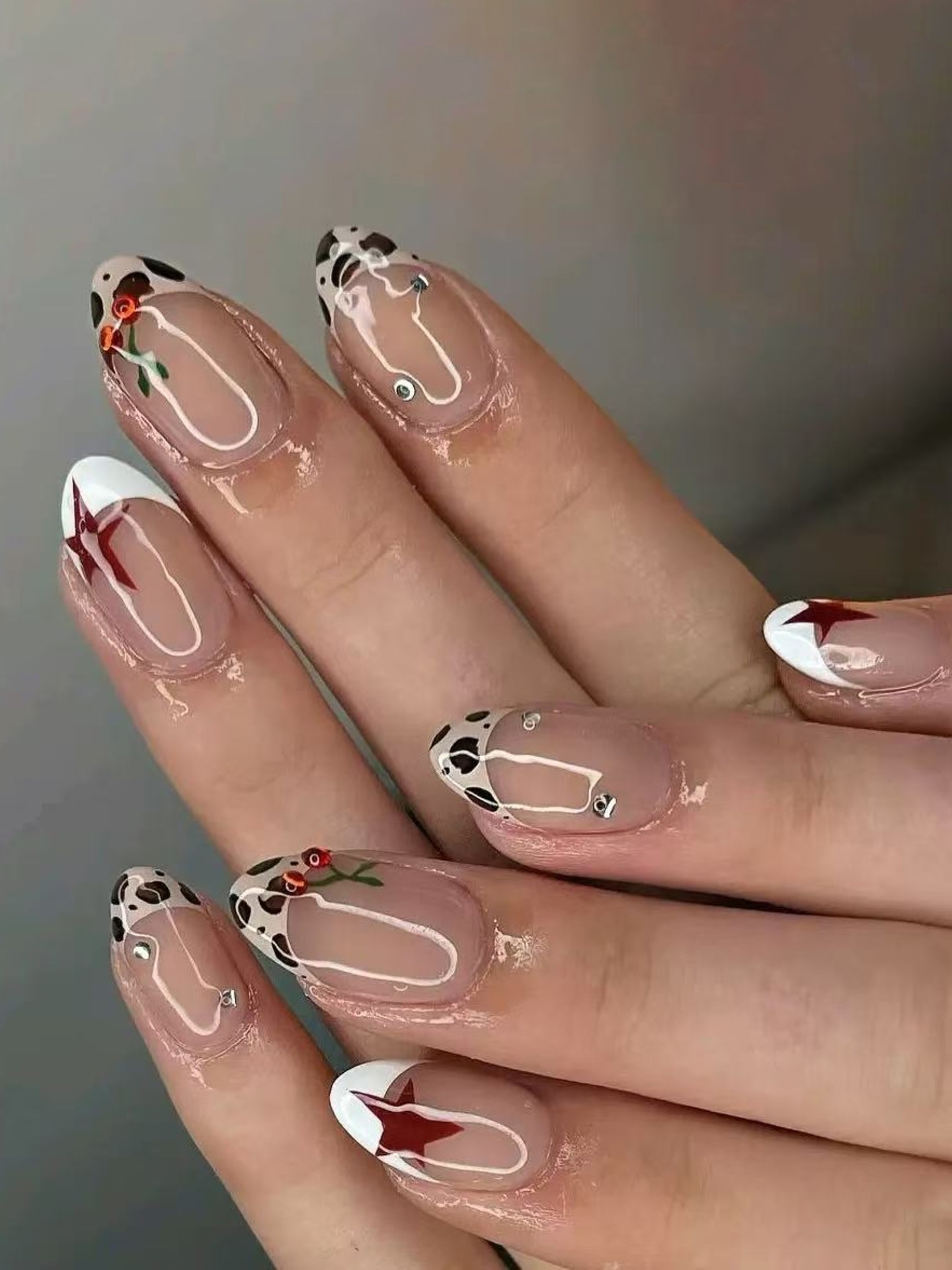 Leopard&Cherry&Rhinestones Artificial Nails