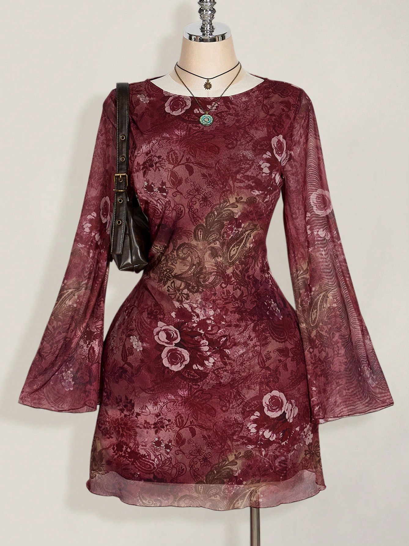 Plus Size Vintage Floral Print  Sheer Bell Sleeve Bodycon Dress 