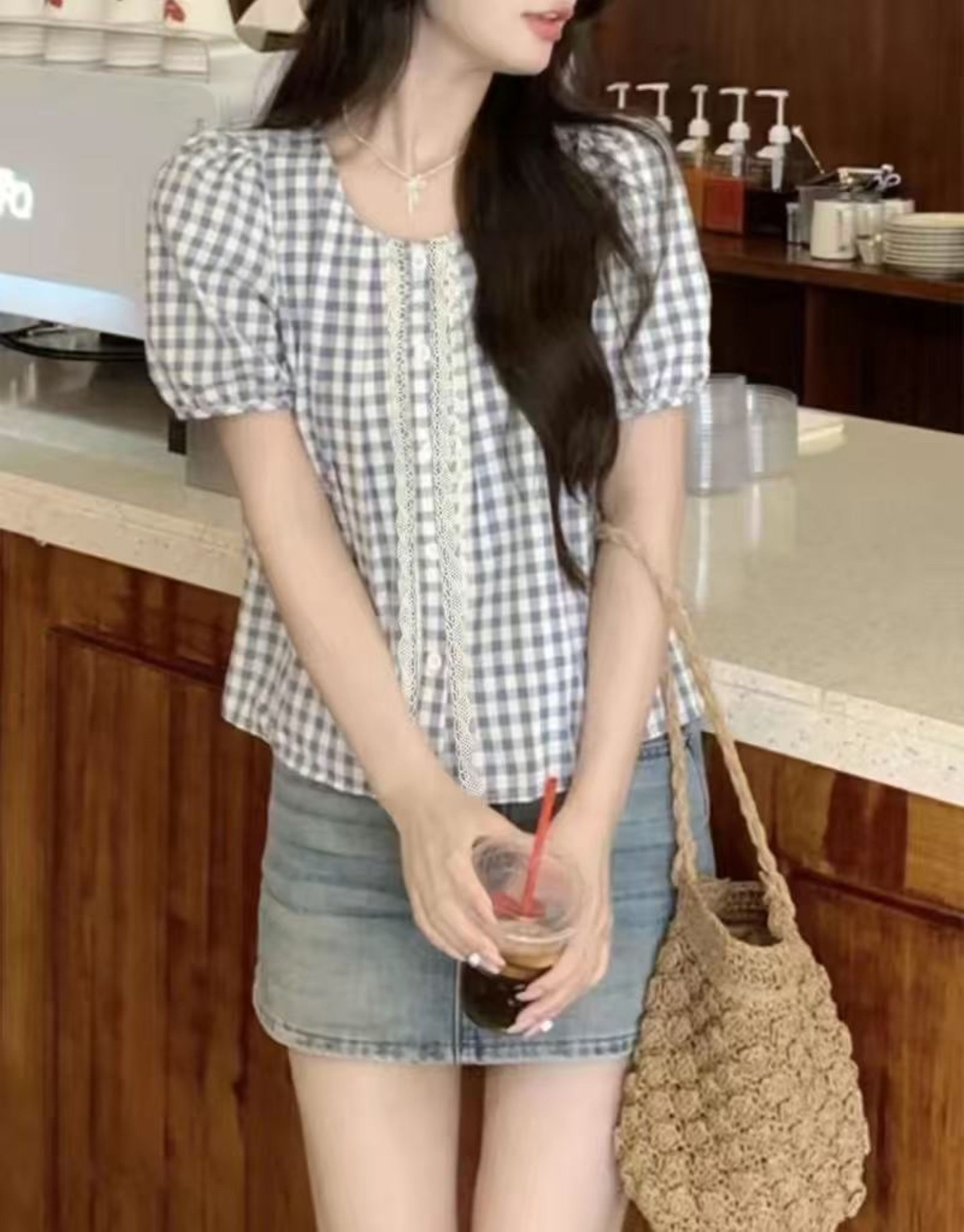 Puff Sleeve Check Blouse