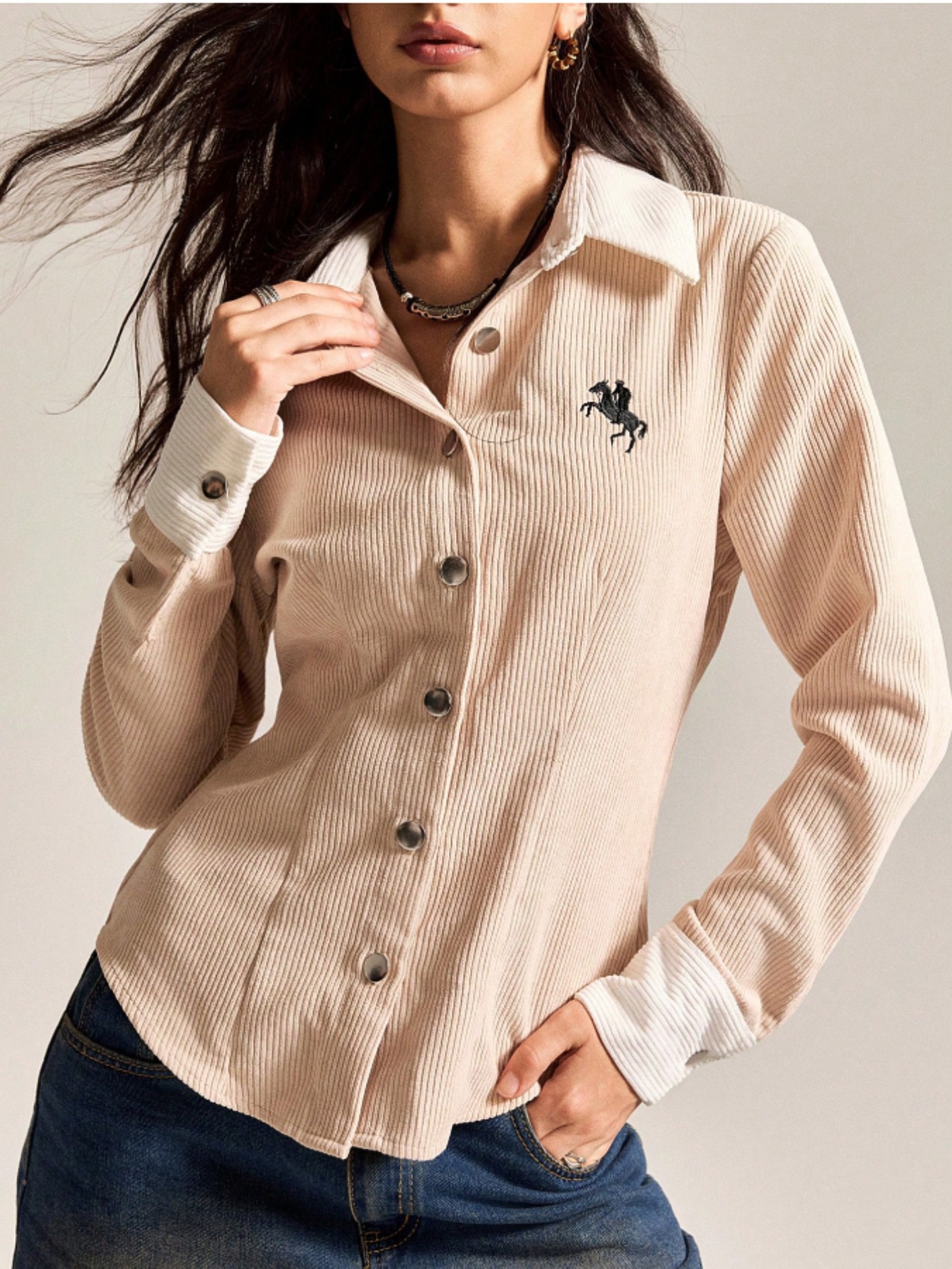 Corduroy Contrast Collar Shirt - Embroidered Horse