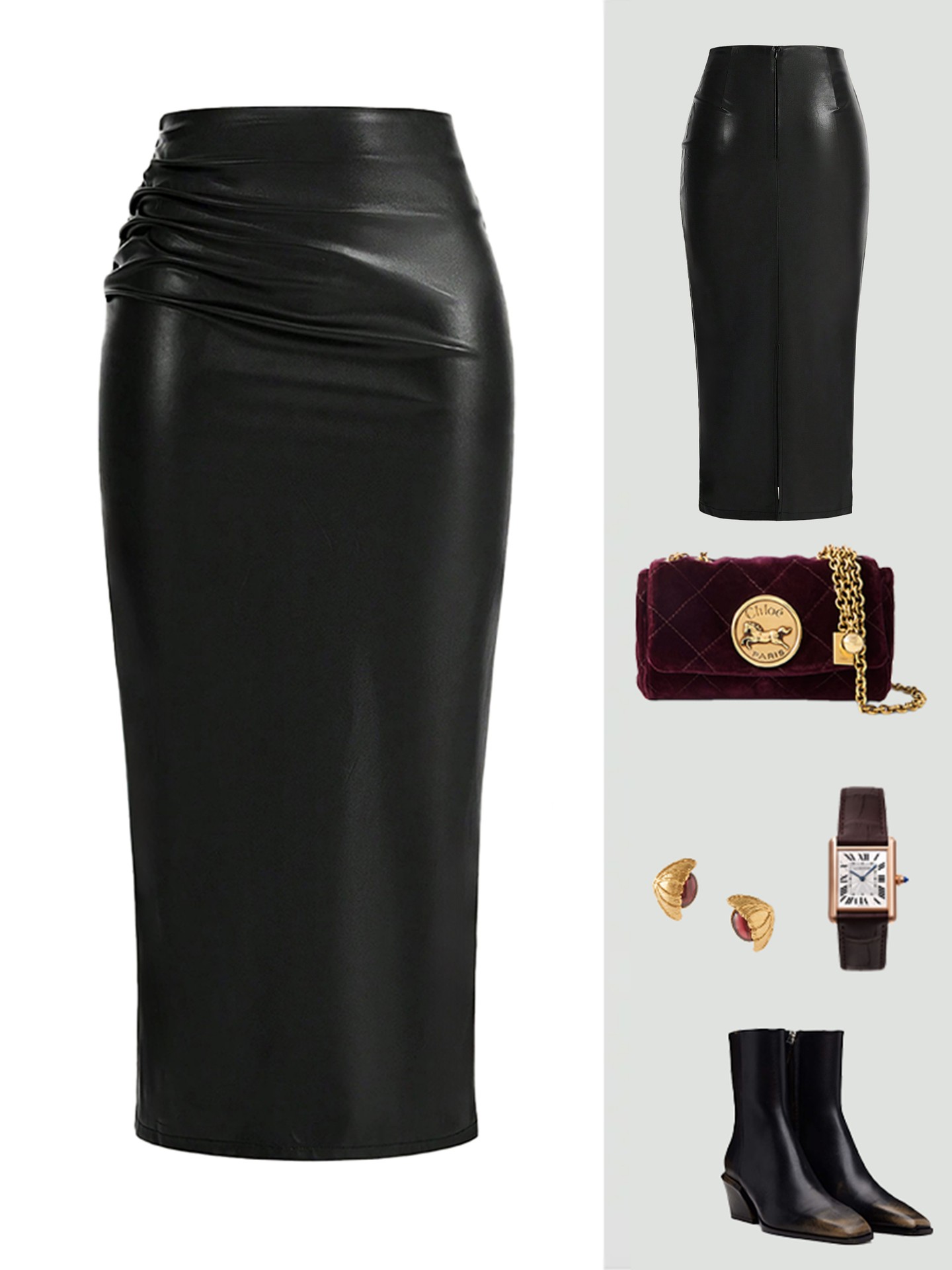Leather Gathered Straight Skirt