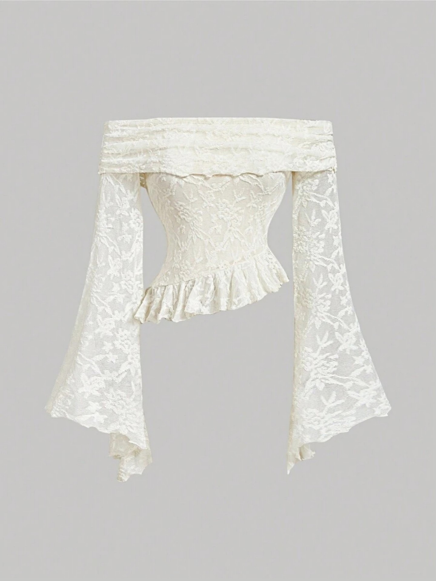 Off-Shoulder Lace Flared Sleeve Peplum Top