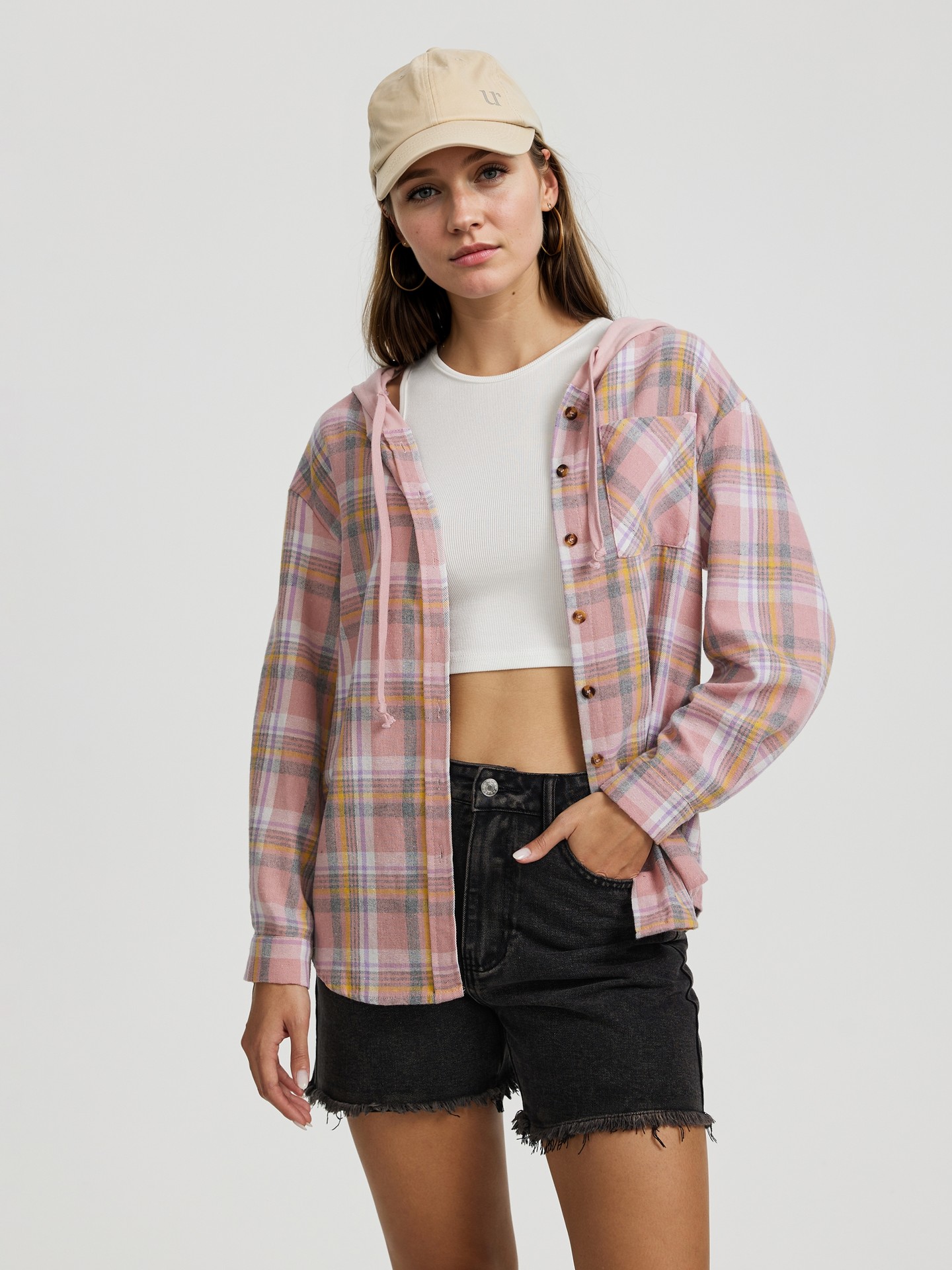 Checked Loose Hooded Overshirt