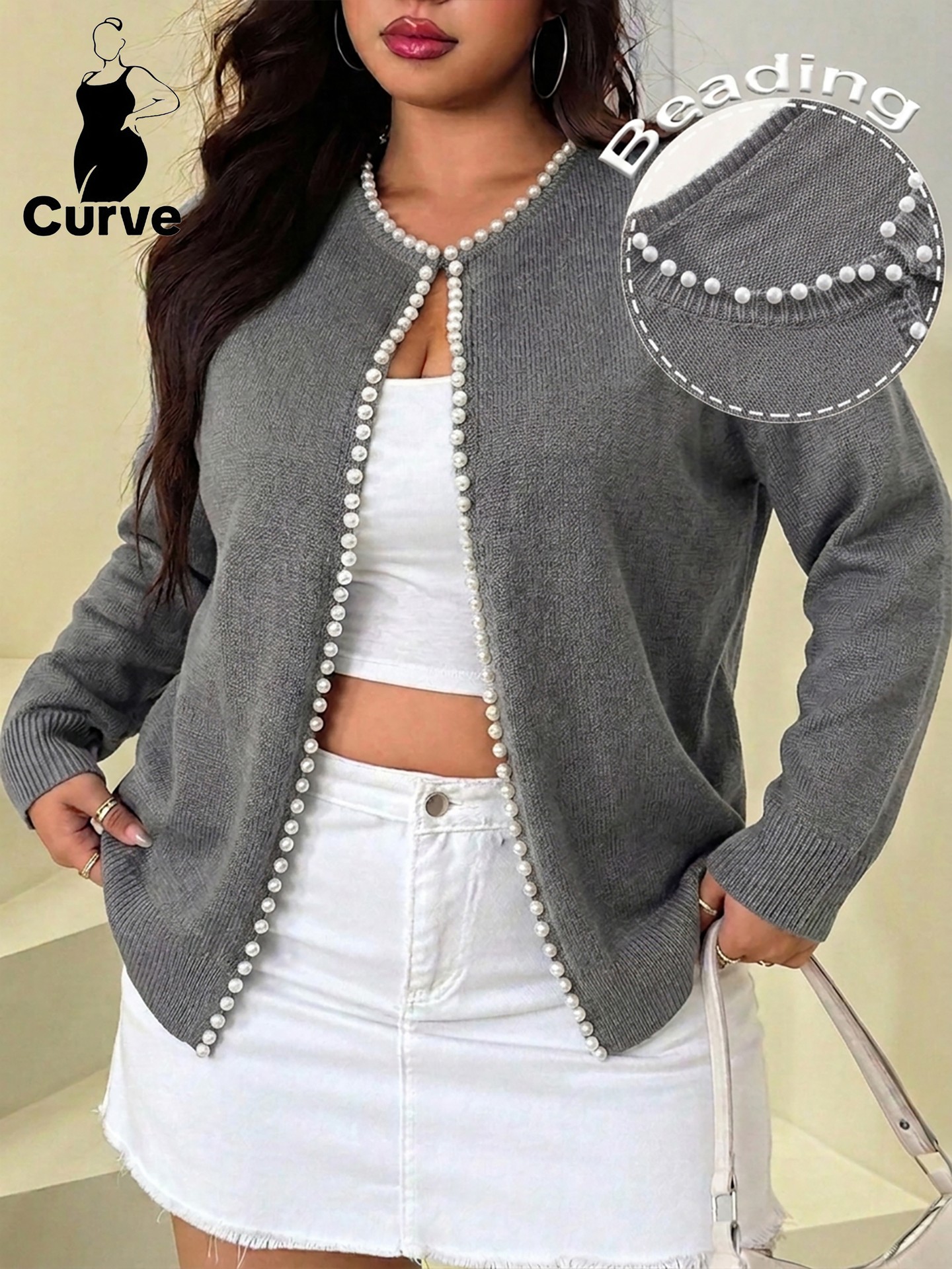 Plus Size Pearled Knit Cardigan