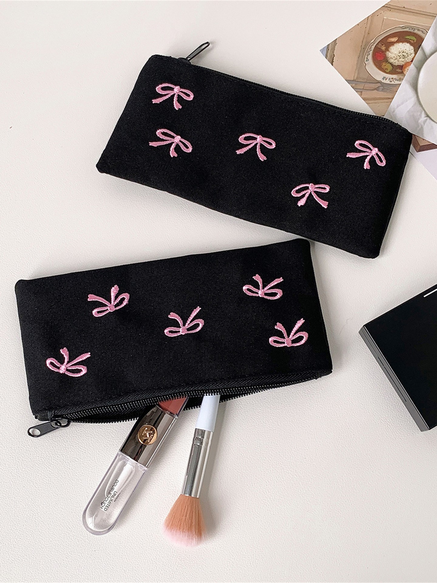 Bow Embroidered Canvas Makeup Pouch