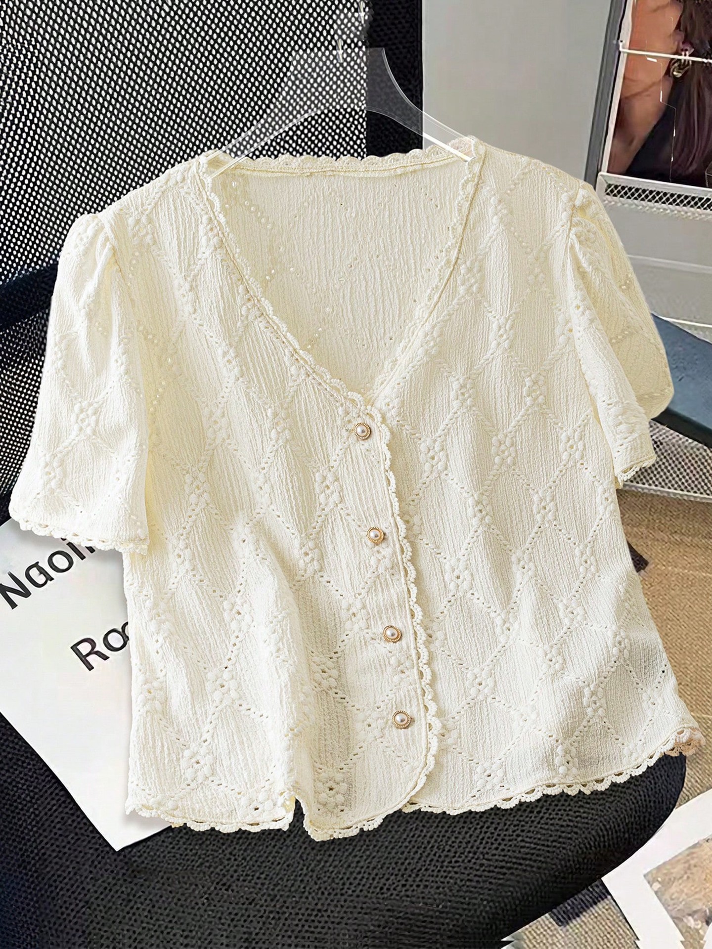 Textured Fabric Pearl Button Puff Sleeve Blouse