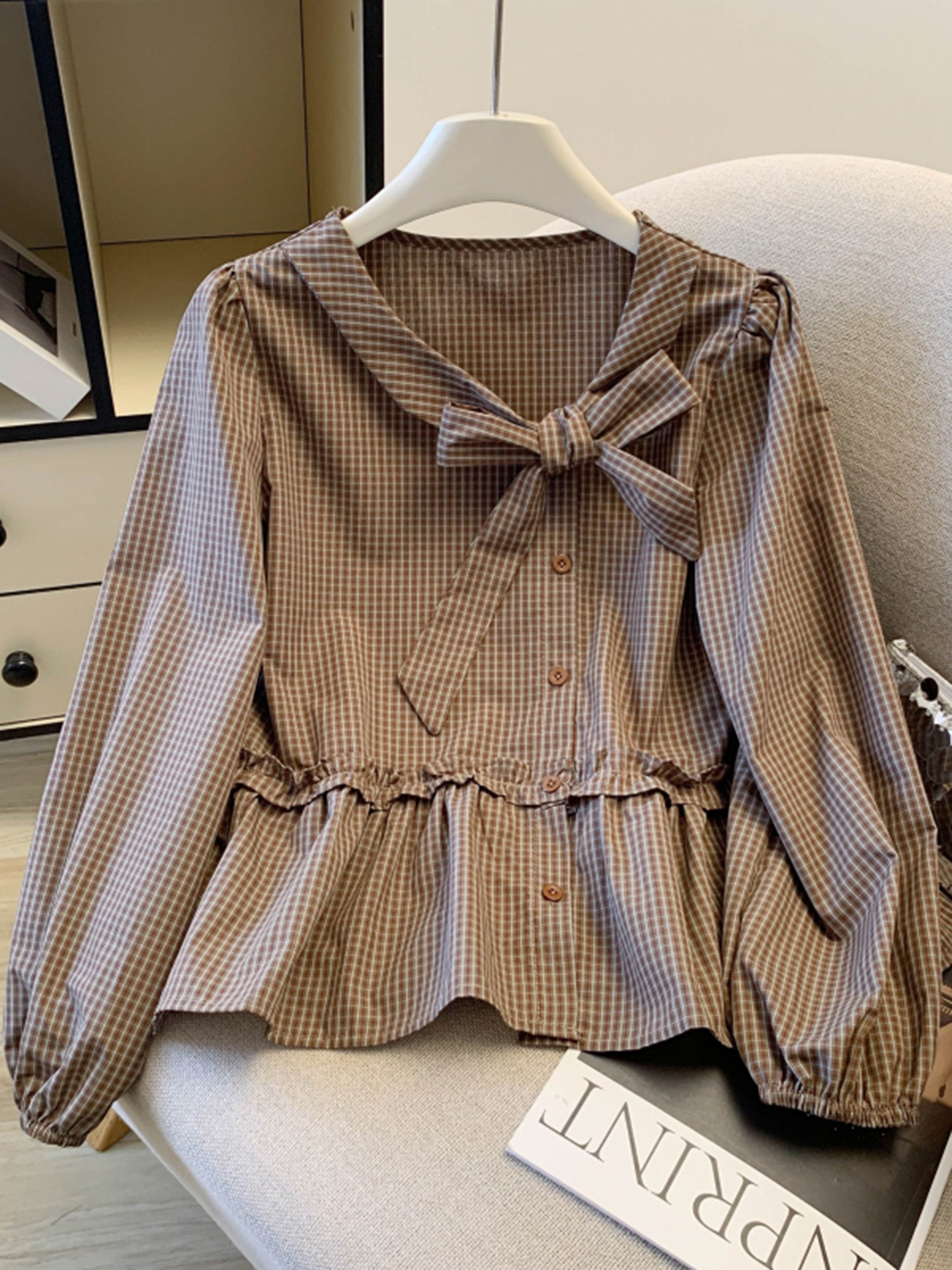 Gingham Bow-Tie Peplum Blouse