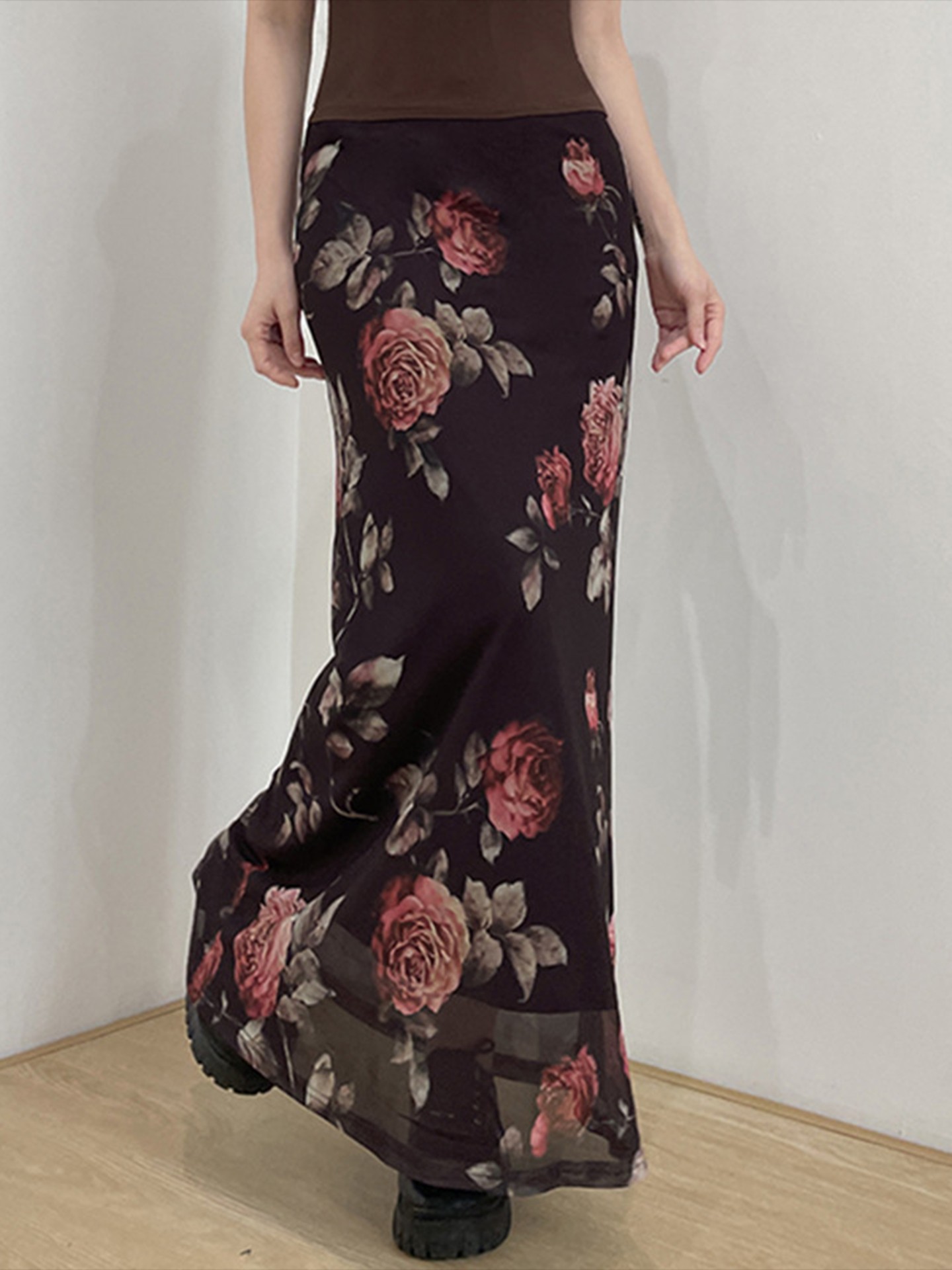 Elegant Mesh Floral Print Mermaid Skirt