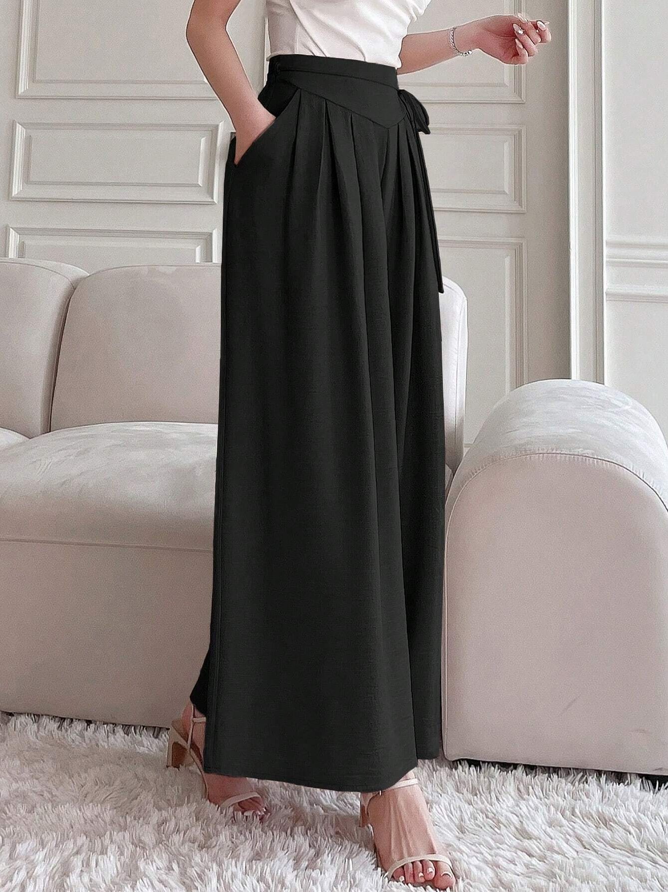 Regular waist Draped Wide Leg Pants