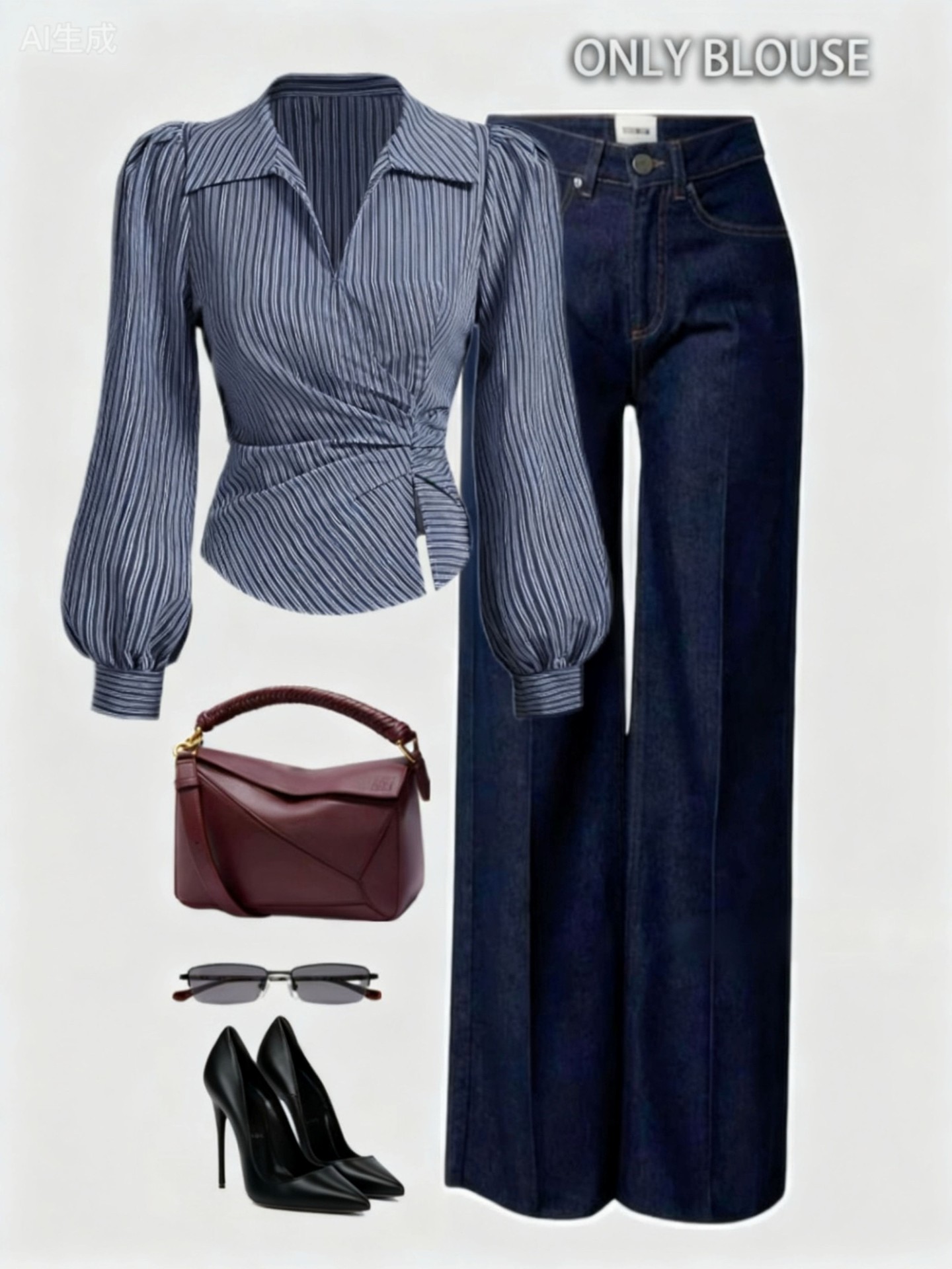 Chic Striped Wrap Blouse with Puff Sleeves