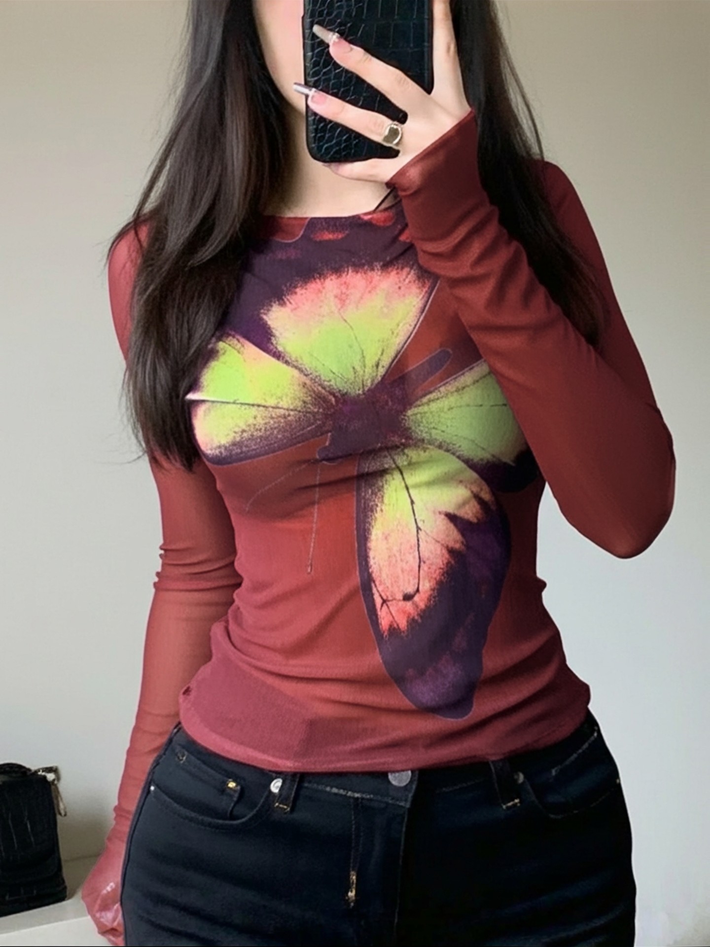 Mesh Long Sleeve Top with Oversized Butterfly Print