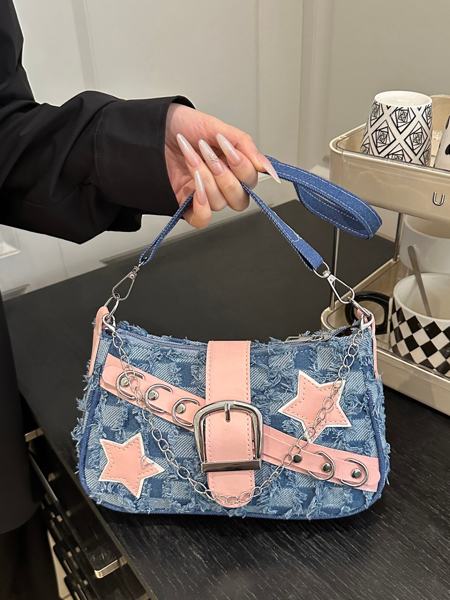 Studded Denim Shoulder Bag