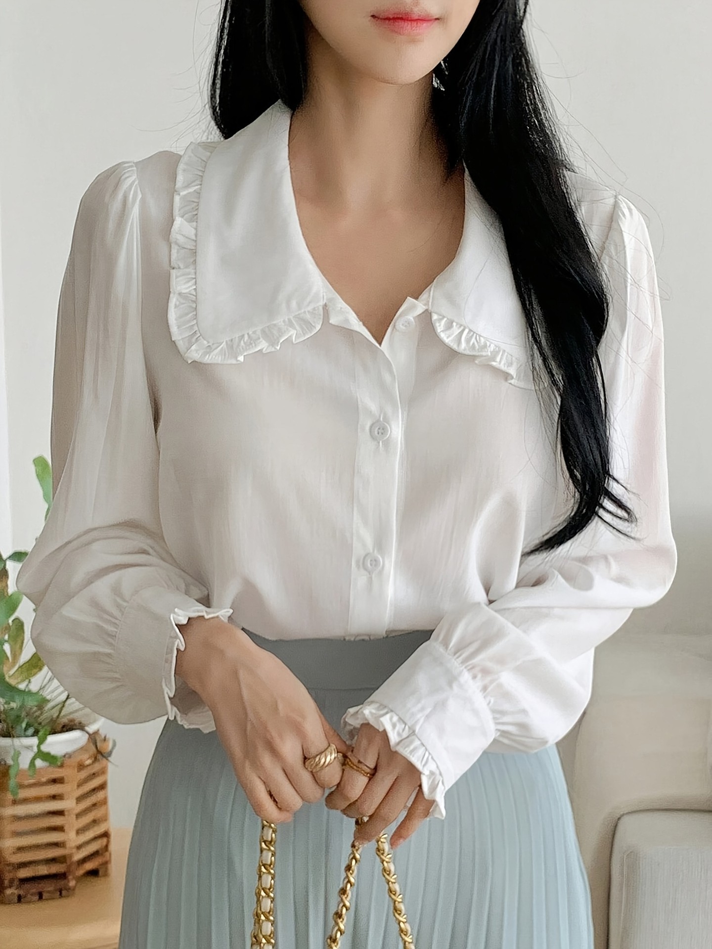 Ruffled Collar Puff Sleeve Blouse 
