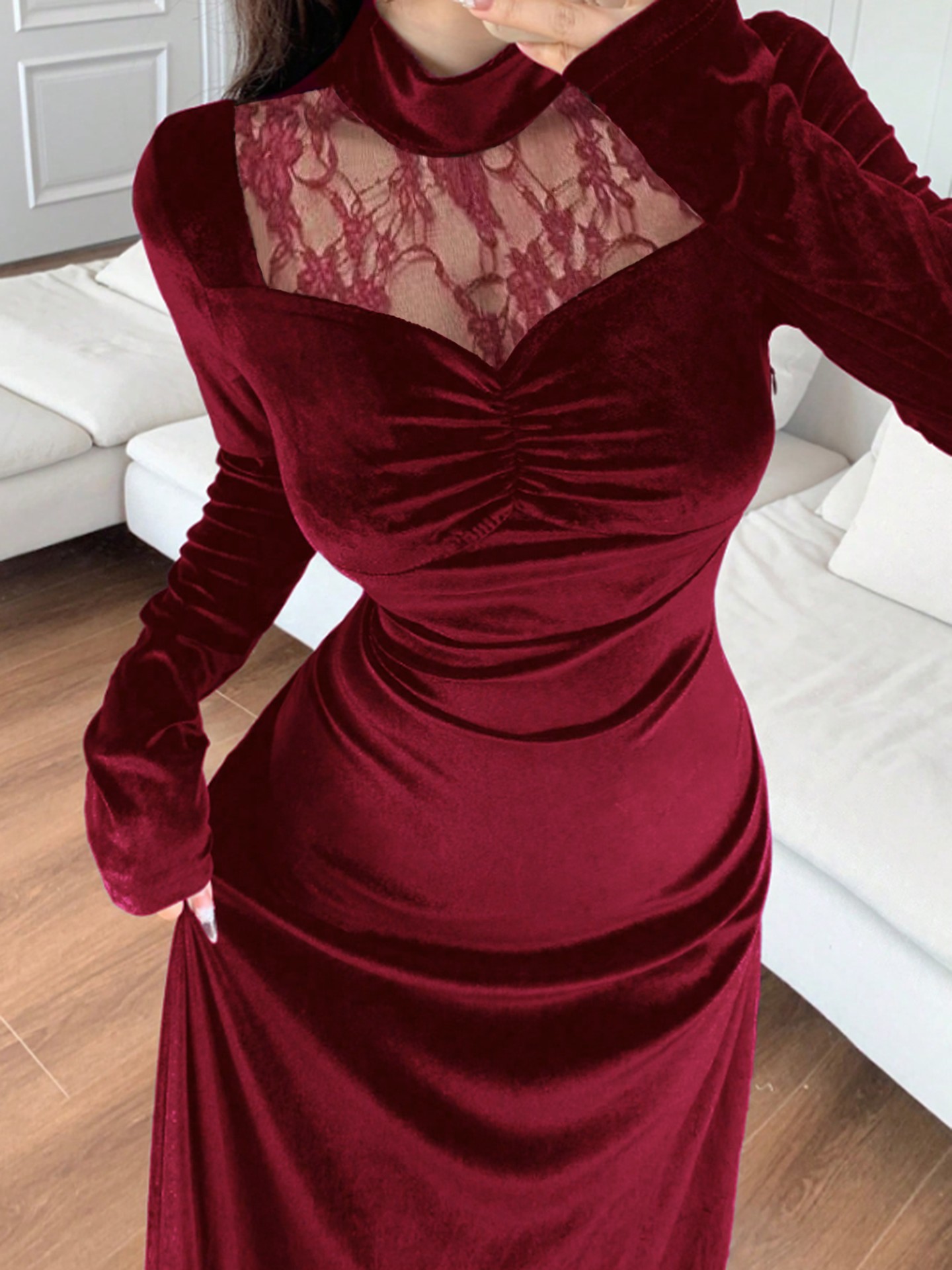 Parisian Lace Trim Deep Red Gown