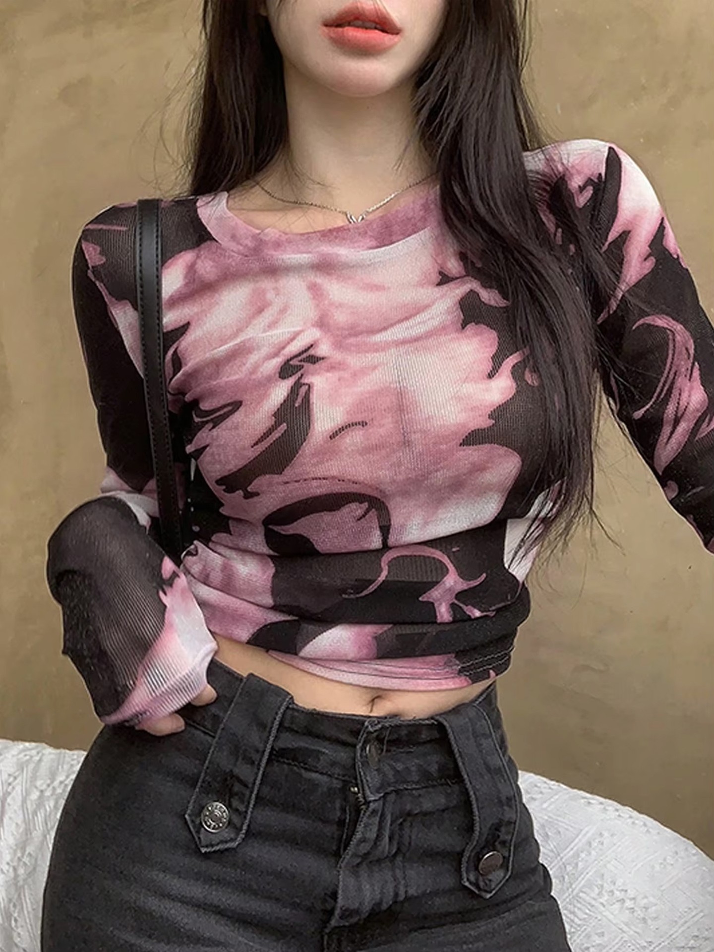 Y2K Psychedelic Print Sheer Top
