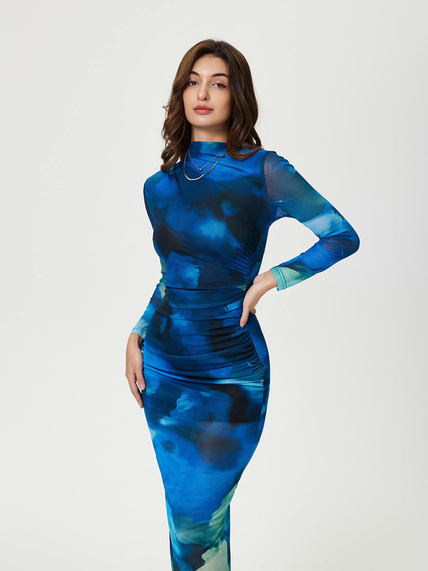 Tie-Dye Print Ruched Long Sleeve Mesh Bodycon Dress