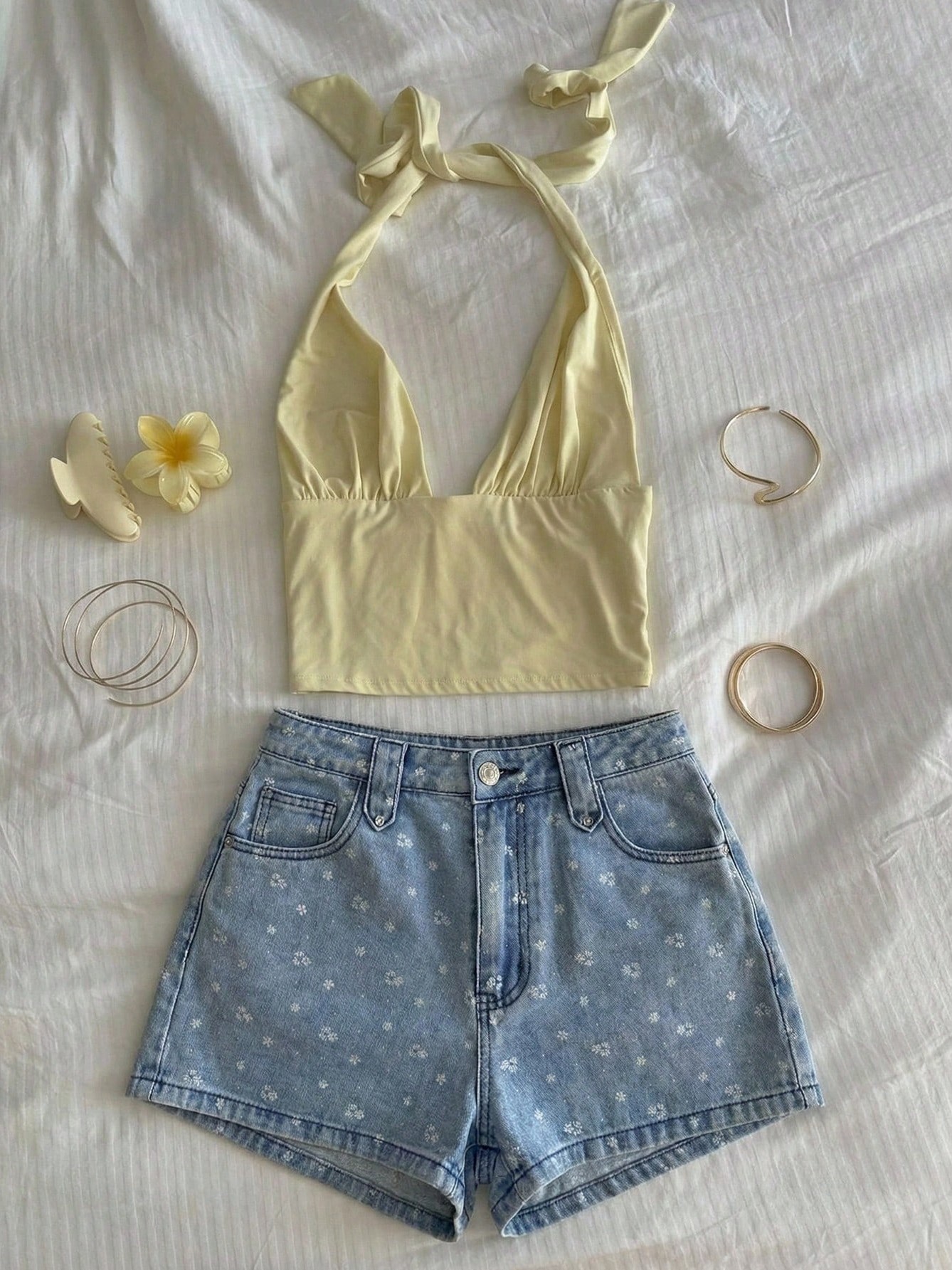 Rivet-Embellished Denim Straight Leg Shorts