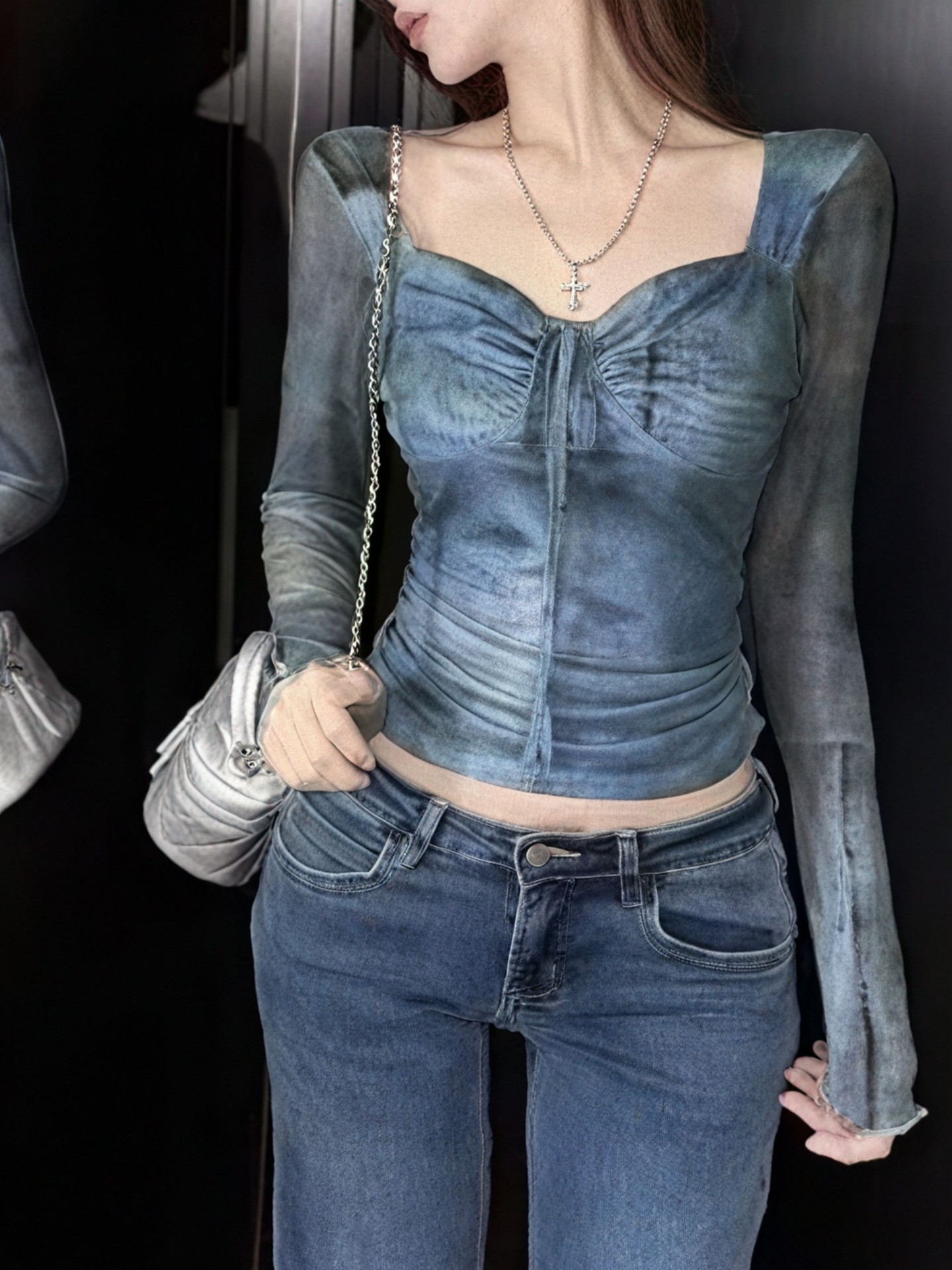 Vintage Wash Mesh Long Sleeve Top