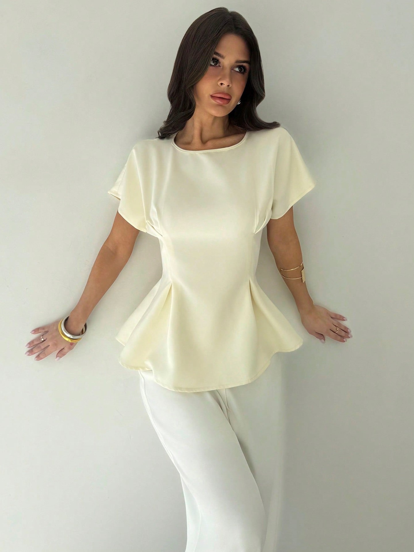 Elegant Short Sleeve Top With Pleat Design And Waist Cinch