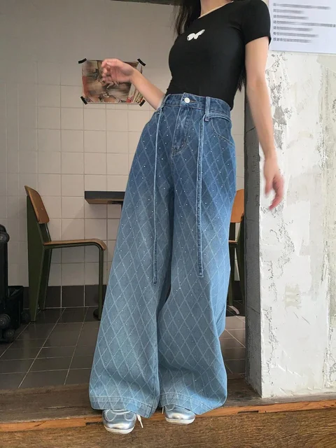 High Waist Medium Wash Rhinestone Wide Leg Jeans