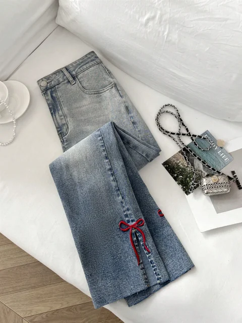 [ High Stretch ] High Waist Vintage Light Wash Bow Flare Leg Jeans