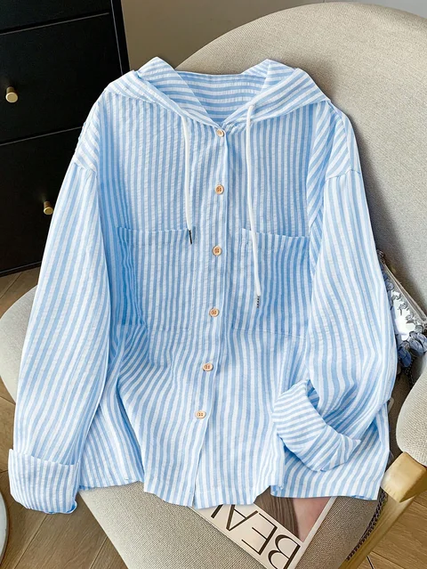 Striped Hooded Long Sleeve Shirt Jacket