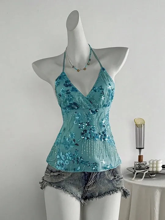 Sequin Embellished Backless Halter Top