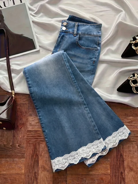 High Waist Lace-trimmed Straight Leg Jeans