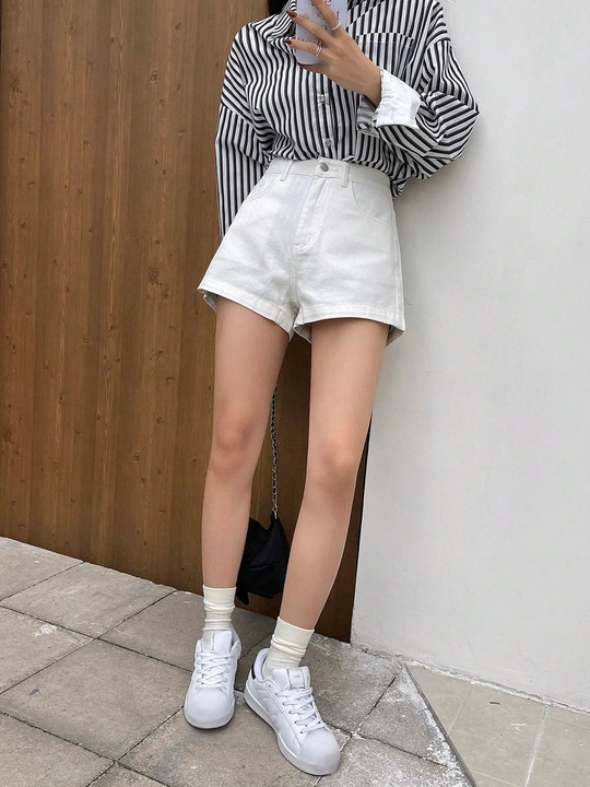 High Waist Casual Style Denim Wide leg Shorts view 4