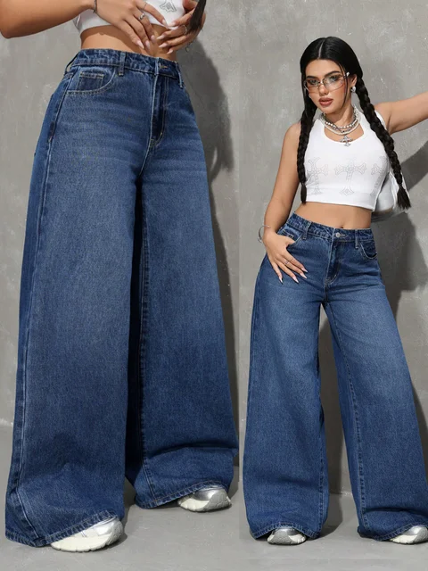High Waist Dark Wash Contrast Stitching Wide Leg Jeans