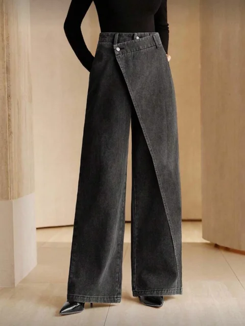 High Waist Dark Grey Asymmetric Straight Leg Jeans
