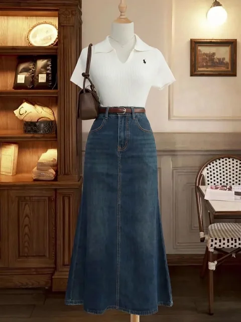 High Waist Dark Wash Contrast Stitching Denim Mermaid Skirt