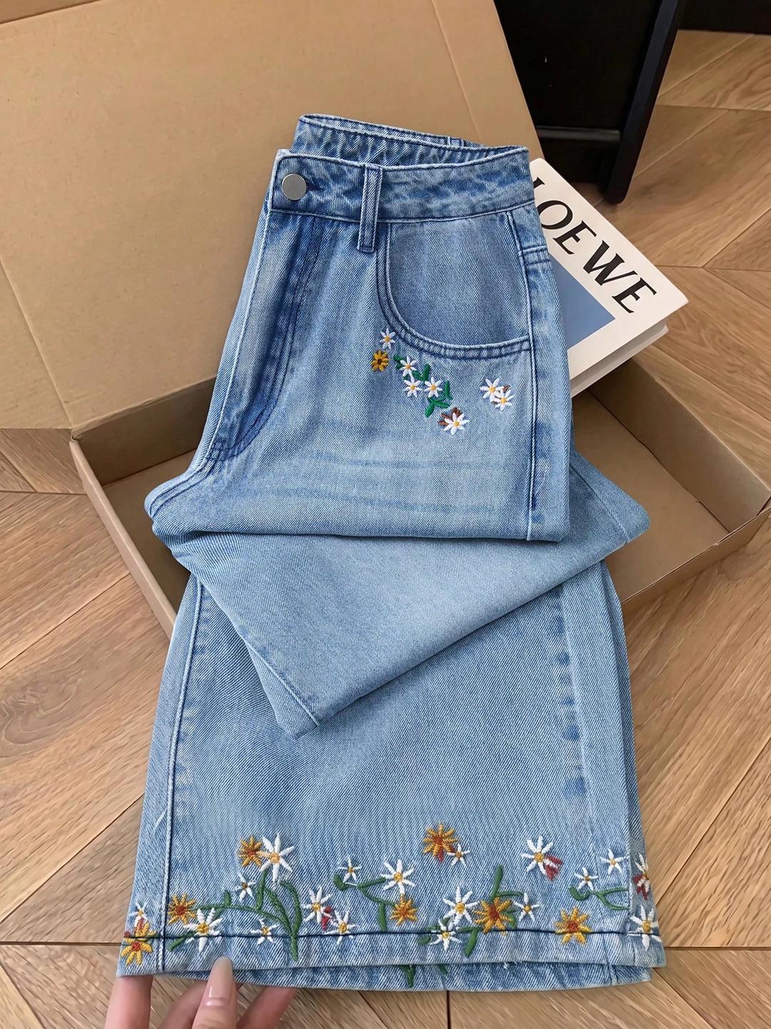 High Stretch Light Wash Embroidered Wide Leg Jeans