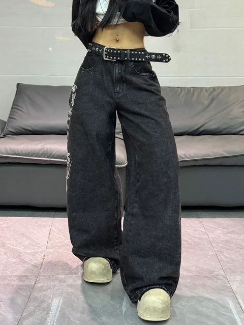 High Waist Washed Black Embroidered Wide Leg Jeans